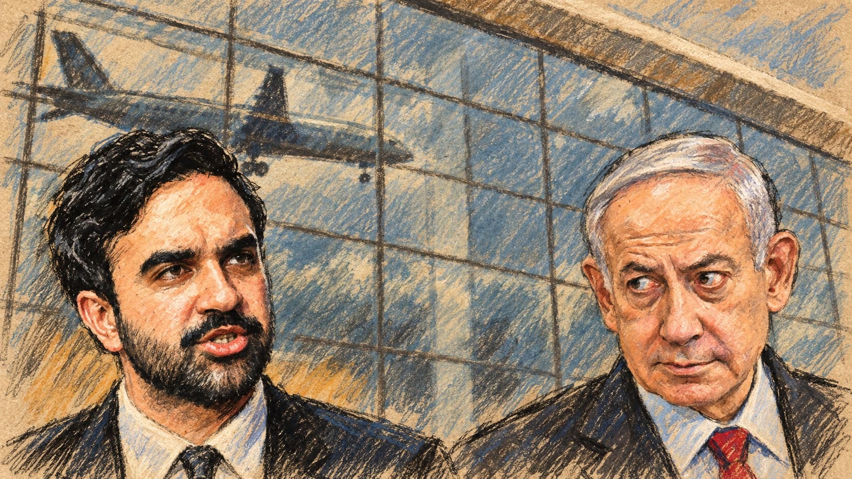 Courtroom-sketch editorial illustration of Zohran Mamdani at left and Benjamin Netanyahu at right against the glass facade of John F. Kennedy International Airport.