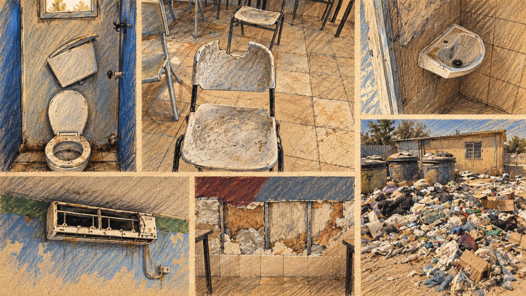 Courtroom-sketch editorial illustration of a five-panel collage showing deteriorated school conditions, including a broken toilet, damaged chair, small sink, broken air conditioner, exposed wall tiles, and refuse piled beside waste bins.