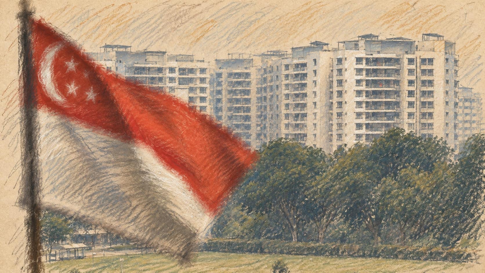 Courtroom-sketch editorial illustration of a Singapore flag in the foreground before haze-softened residential apartment blocks and a dark green tree line, rendered in warm ochre and slate-blue pastel strokes.
