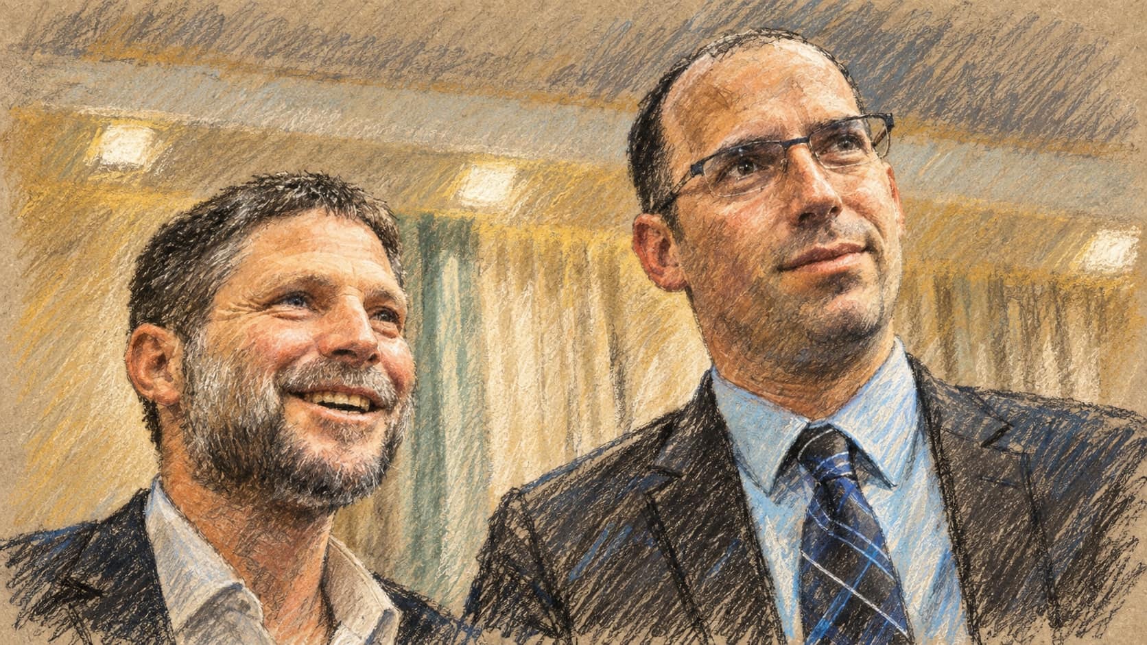 Courtroom-sketch editorial illustration of Bezalel Smotrich smiling beside Simcha Rothman in glasses, a dark suit, pale-blue shirt, and striped tie, shown chest-up indoors against softly lit cream curtains.