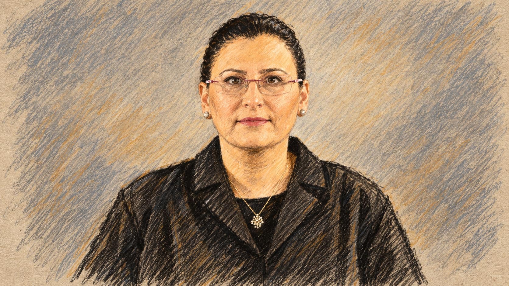 Courtroom-sketch editorial illustration of a woman wearing glasses and a black collared blouse, centered against a neutral studio backdrop.