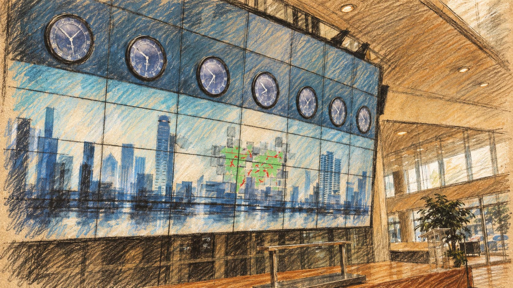 Courtroom-sketch editorial illustration of the Tel Aviv Stock Exchange lobby with a wall of world clocks, a market display and a city skyline graphic.