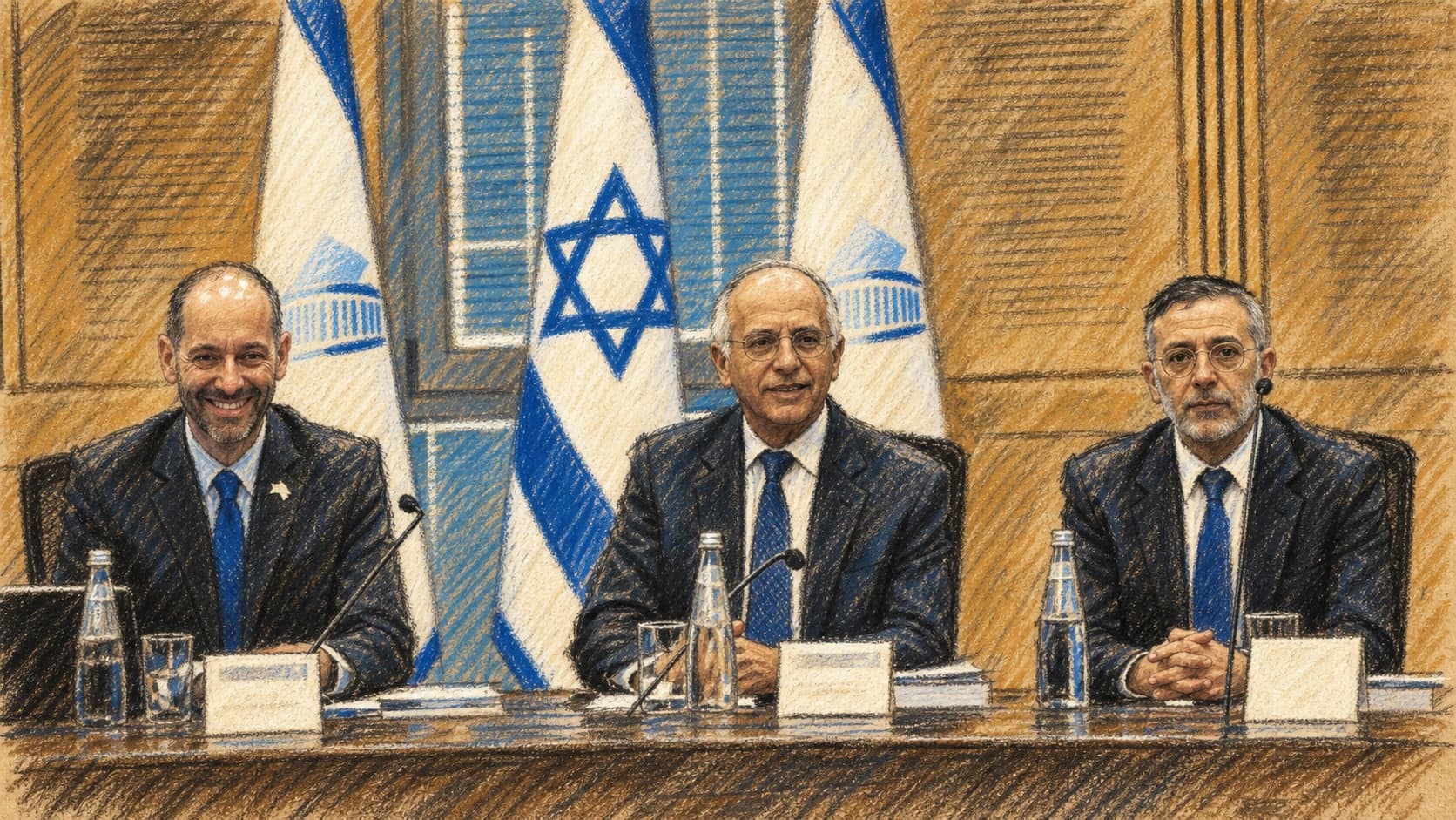 Courtroom-sketch editorial illustration of three election officials seated behind a committee dais with Israeli flags in a wood-paneled room.