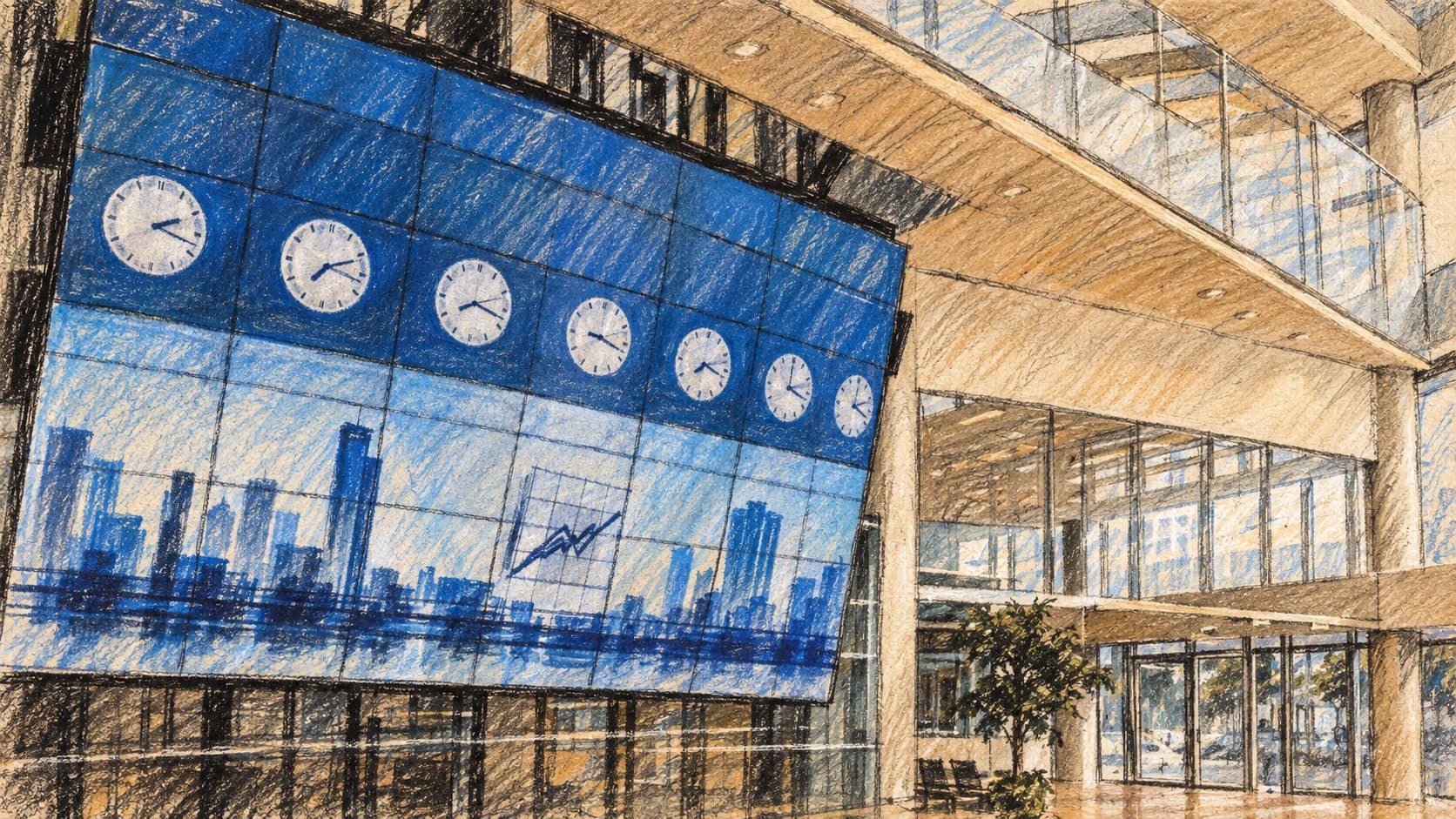 Courtroom-sketch editorial illustration of the Tel Aviv Stock Exchange lobby, with a large angled blue market display beside a glass atrium.