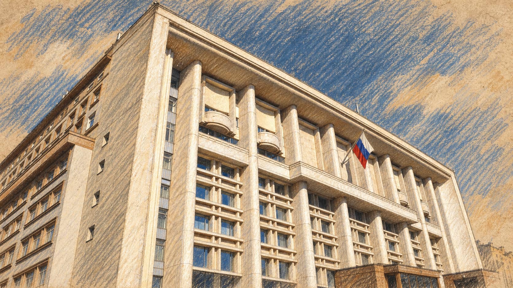 Courtroom-sketch editorial illustration of the VTB 24 main office in Moscow seen from a low angle, with its pale stone facade and Russian flag against a cross-hatched blue sky, drawn in warm ochre and slate-blue pastel on sepia newsprint.