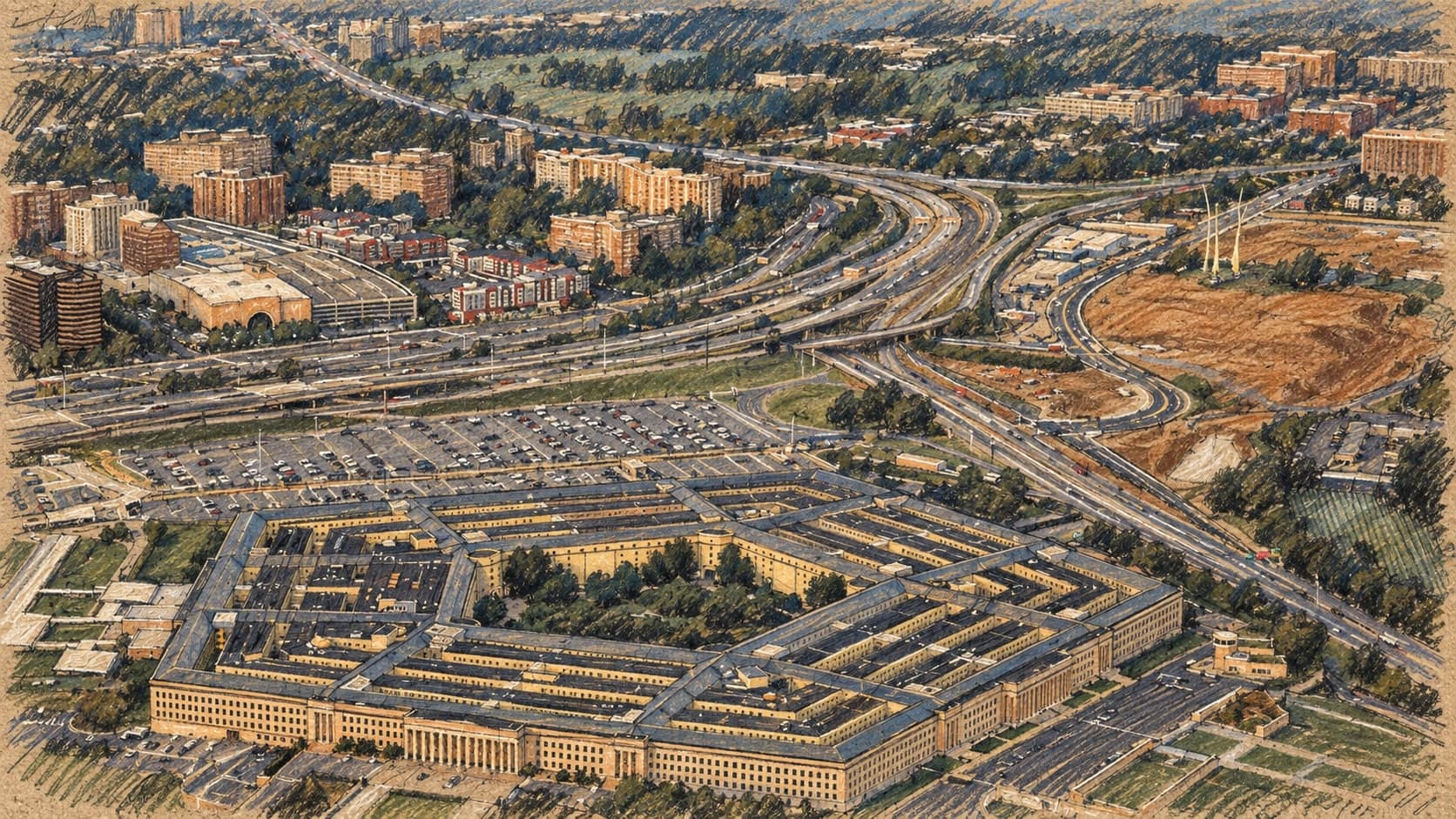 Courtroom-sketch editorial illustration of an aerial view of the Pentagon, its central courtyard, surrounding highways, parking lots, trees, and distant buildings, rendered in warm ochre and slate-blue pastel strokes.