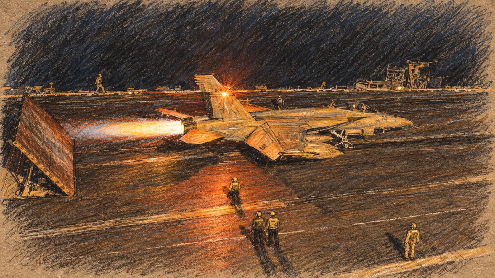 Courtroom-sketch editorial illustration of a fighter jet launching from an aircraft carrier at night, with its afterburner firing beside a raised blast deflector and deck crew surrounding the aircraft.