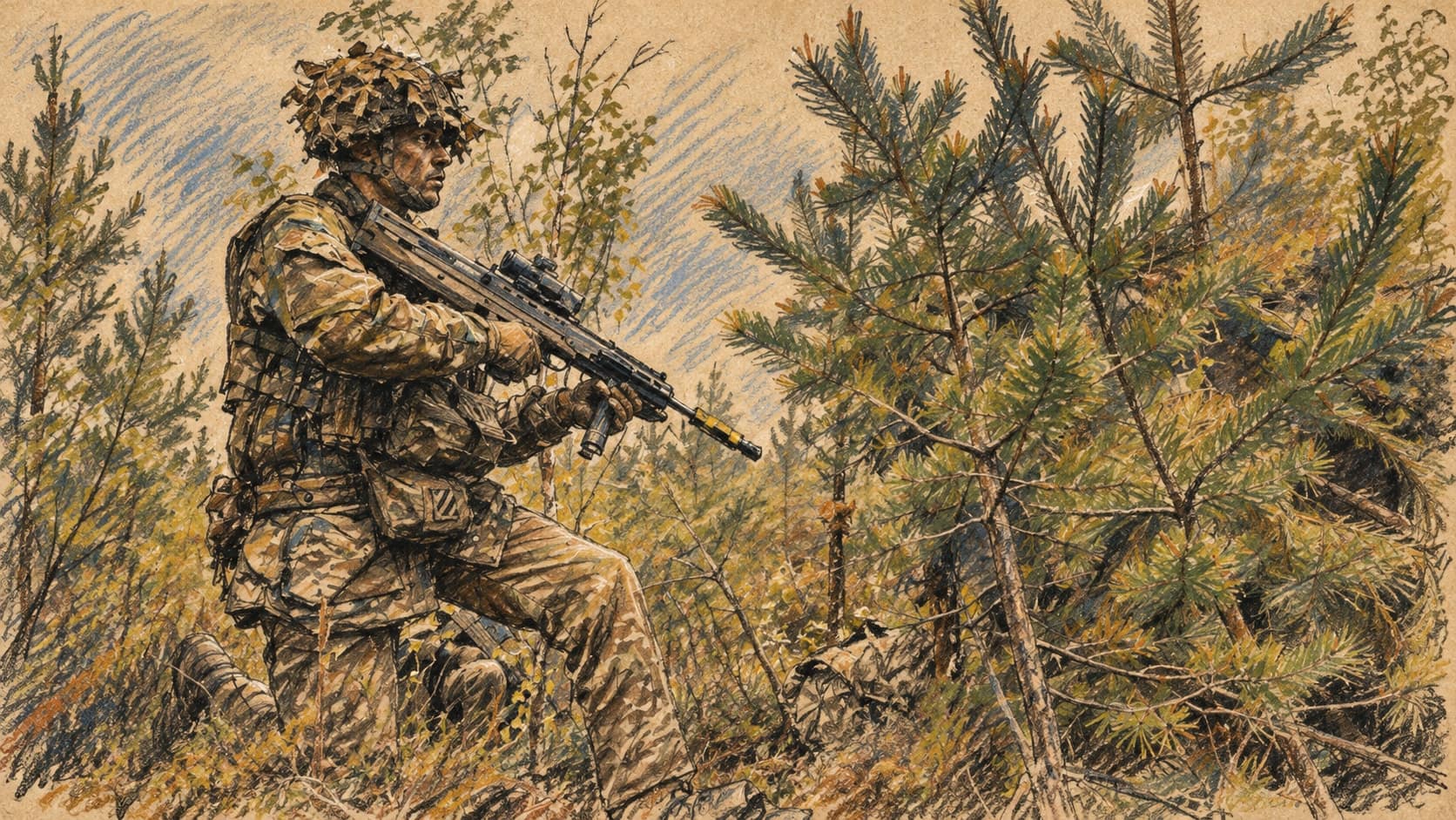Courtroom-sketch editorial illustration of a camouflaged British soldier kneeling with a rifle in dense young pine woodland, rendered in warm ochre and slate-blue pastel strokes.