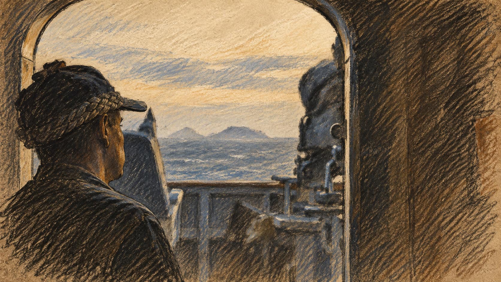Courtroom-sketch editorial illustration of a sailor in profile observing the sea and hazy islands of Bab al-Mandab through a naval vessel's rounded passageway.