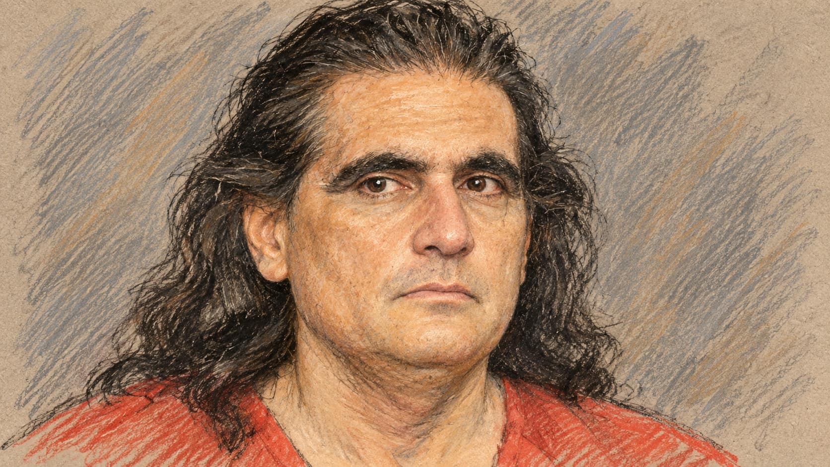 Courtroom-sketch editorial illustration of Alex Saab in a red booking garment against a neutral backdrop, rendered in warm ochre and slate-blue pastel strokes.