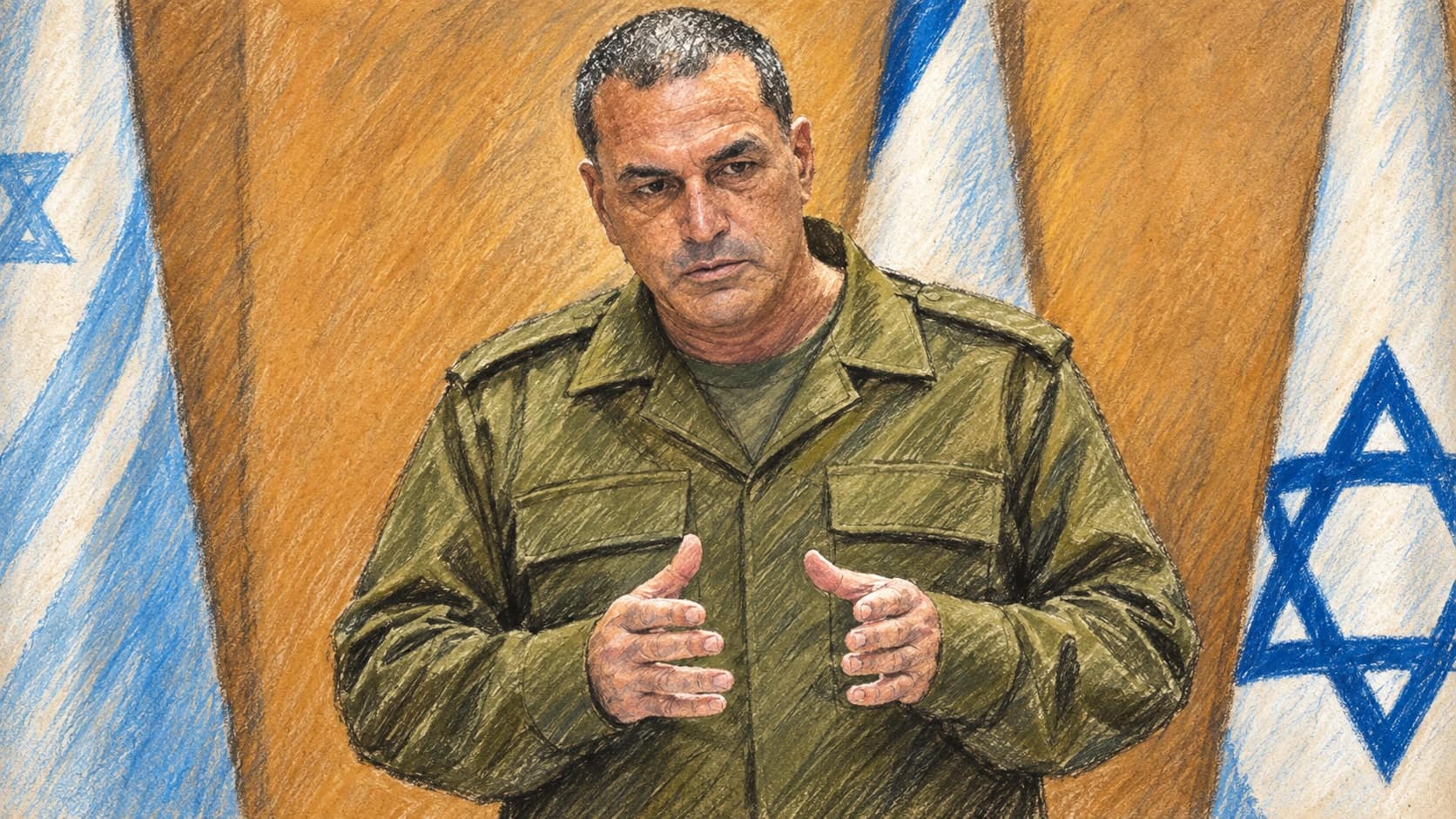 Courtroom-sketch editorial illustration of Eyal Zamir gesturing with both hands in an olive uniform between Israeli flags against a warm indoor backdrop.