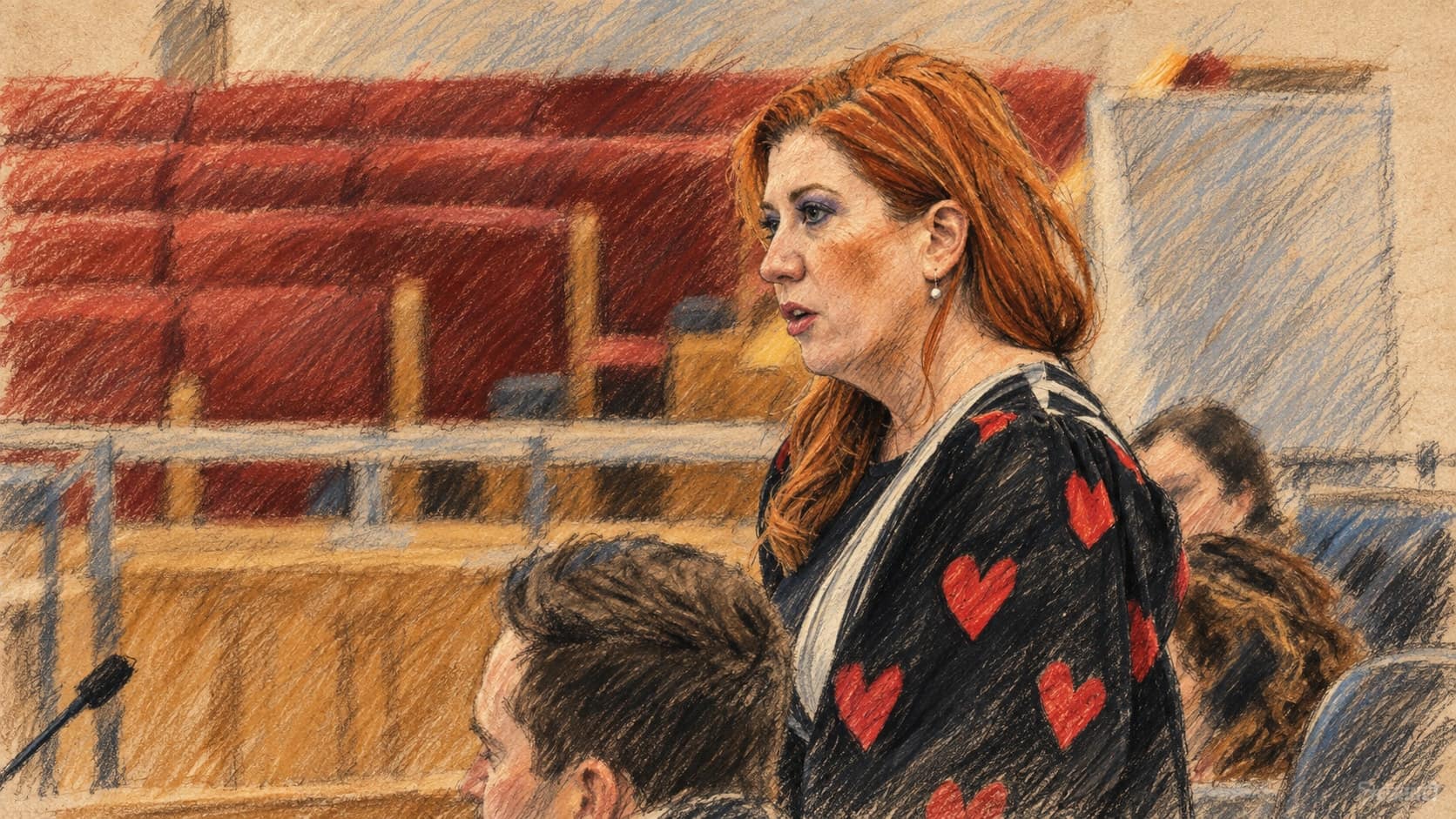 Courtroom-sketch editorial illustration of Tara Cheyne speaking in the ACT Legislative Assembly chamber, rendered in warm ochre and slate-blue pastel strokes.