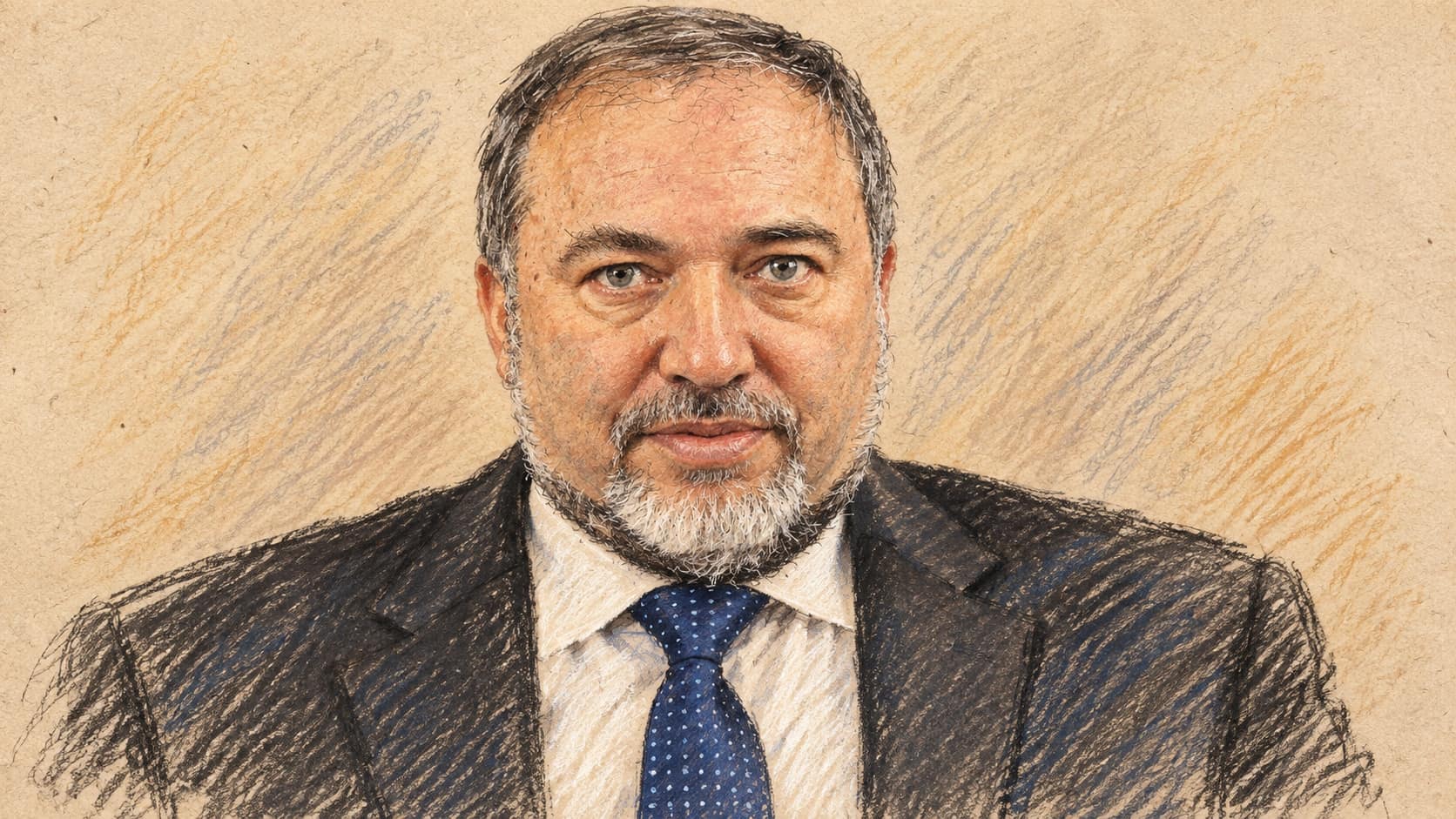 Courtroom-sketch editorial illustration of Avigdor Lieberman in a dark suit and blue tie facing the viewer.