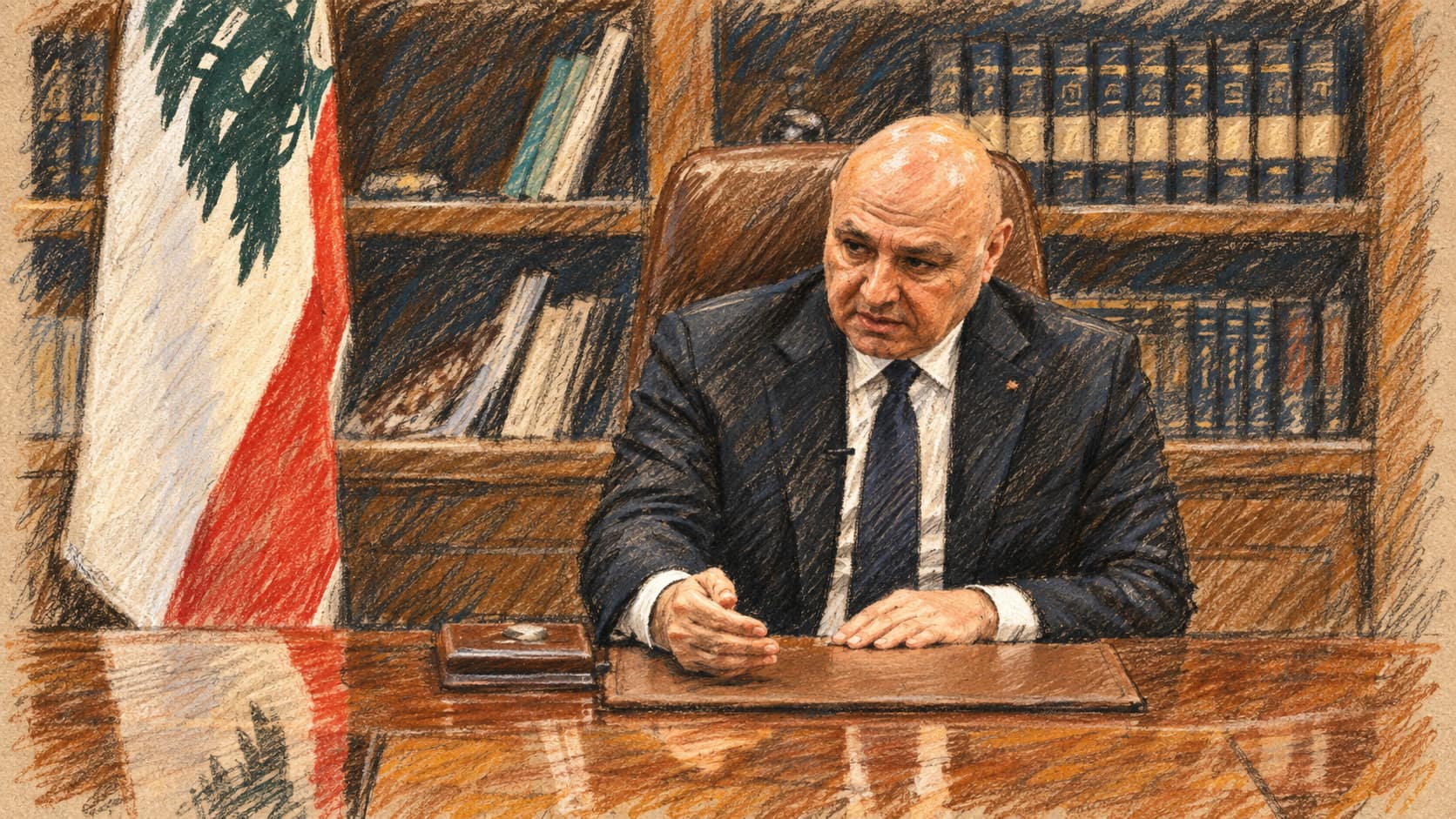 Courtroom-sketch editorial illustration of Lebanese President Joseph Aoun seated behind a polished wooden desk in a book-lined office beside the Lebanese flag.
