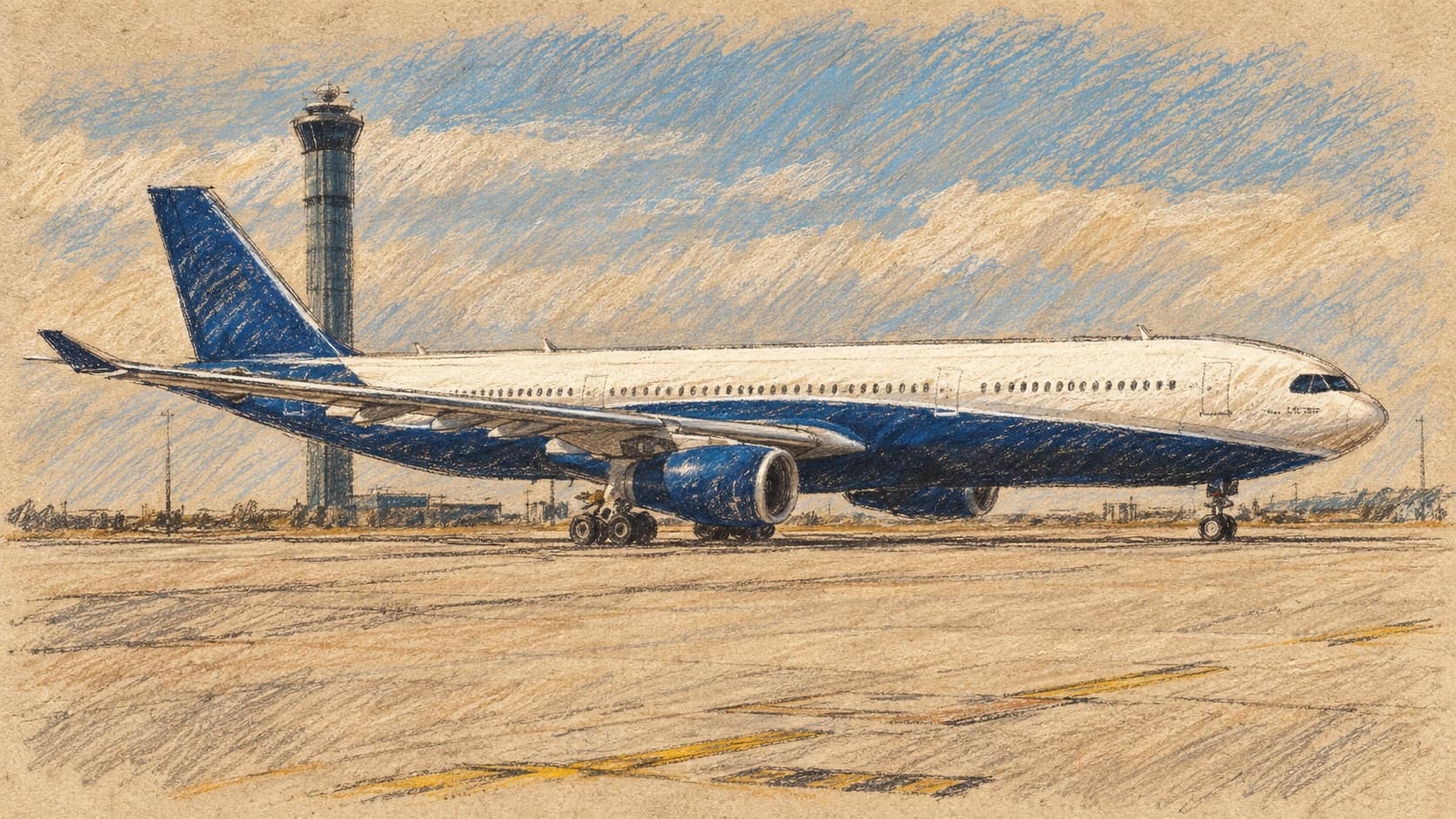 Courtroom-sketch editorial illustration of a wide-body passenger jet viewed side-on on an airport apron, with a control tower rising behind its tail.