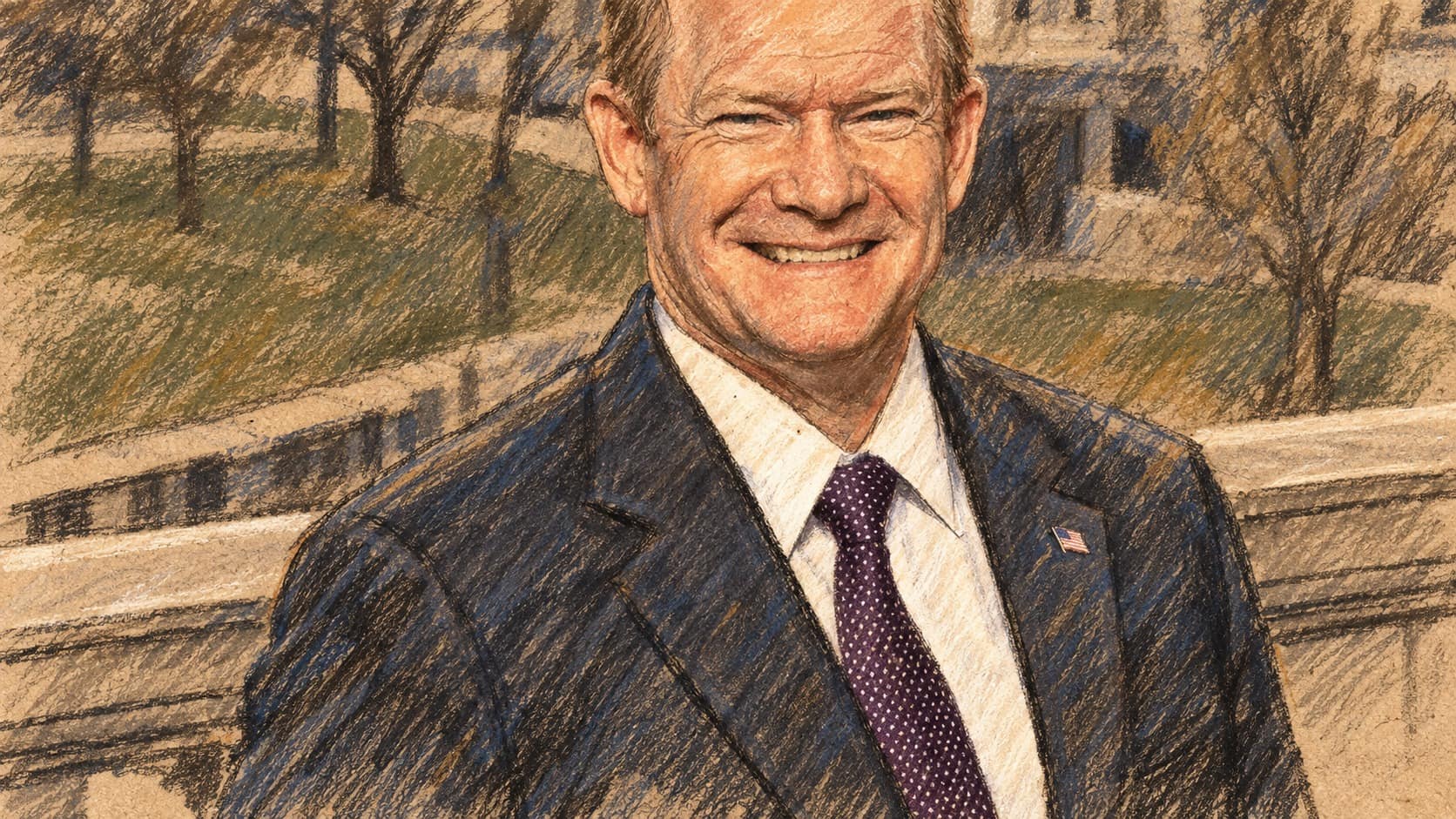 Courtroom-sketch editorial illustration of Chris Coons smiling in a dark suit and patterned tie beside a stone balustrade outdoors.