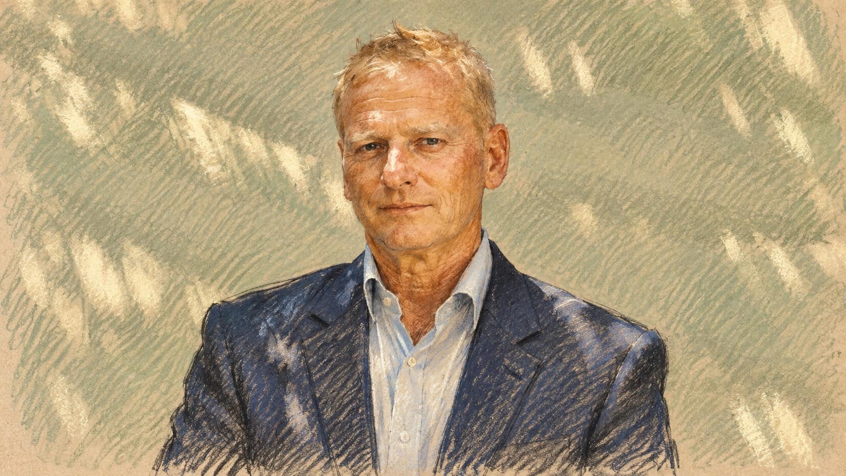 Courtroom-sketch editorial illustration of a fair-haired male executive in a navy jacket standing against a pale green wall with dappled sunlight.