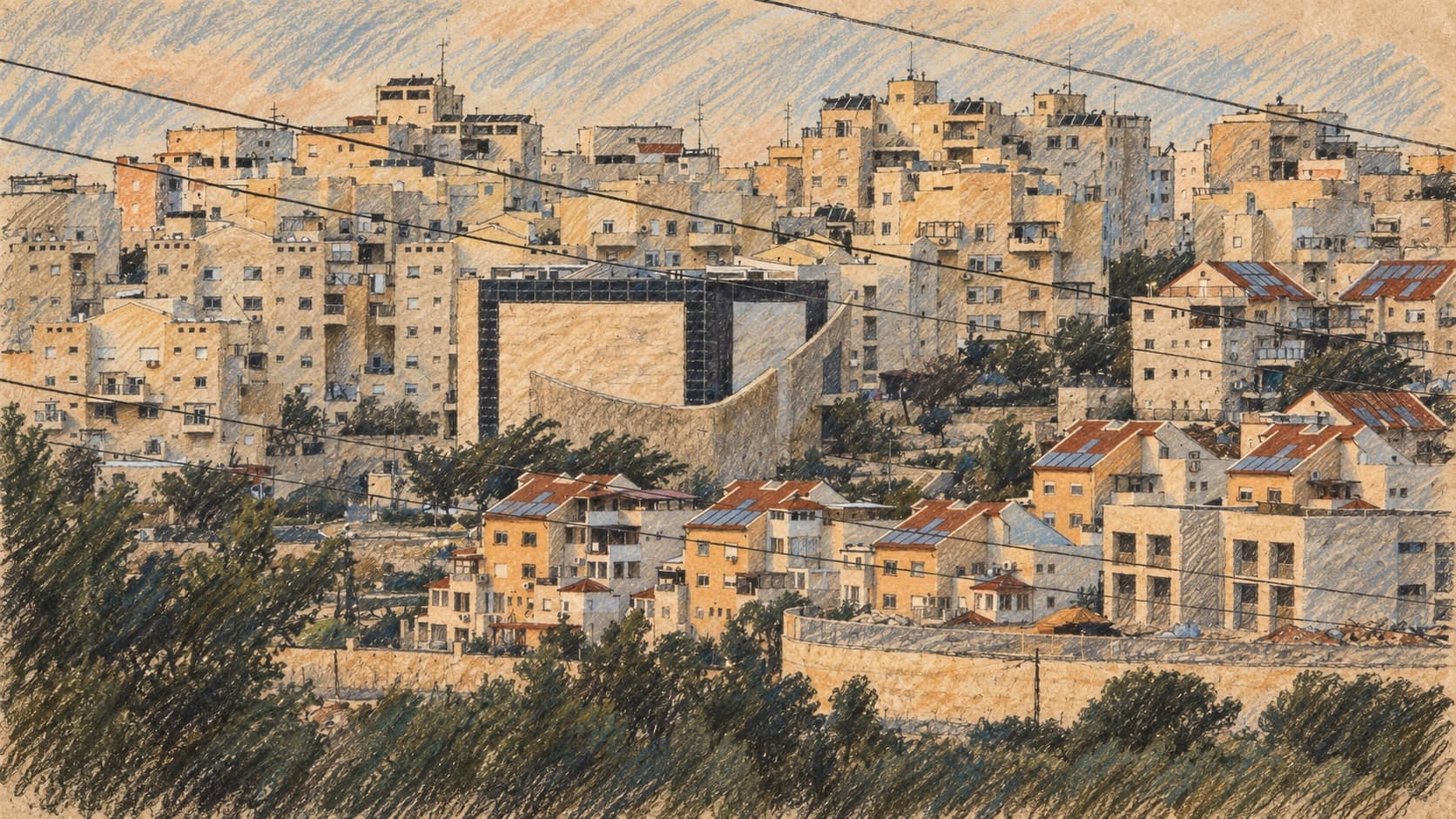 Courtroom-sketch editorial illustration of dense pale-stone apartment buildings in El'ad, with a dark-fronted public building and trees in the foreground.