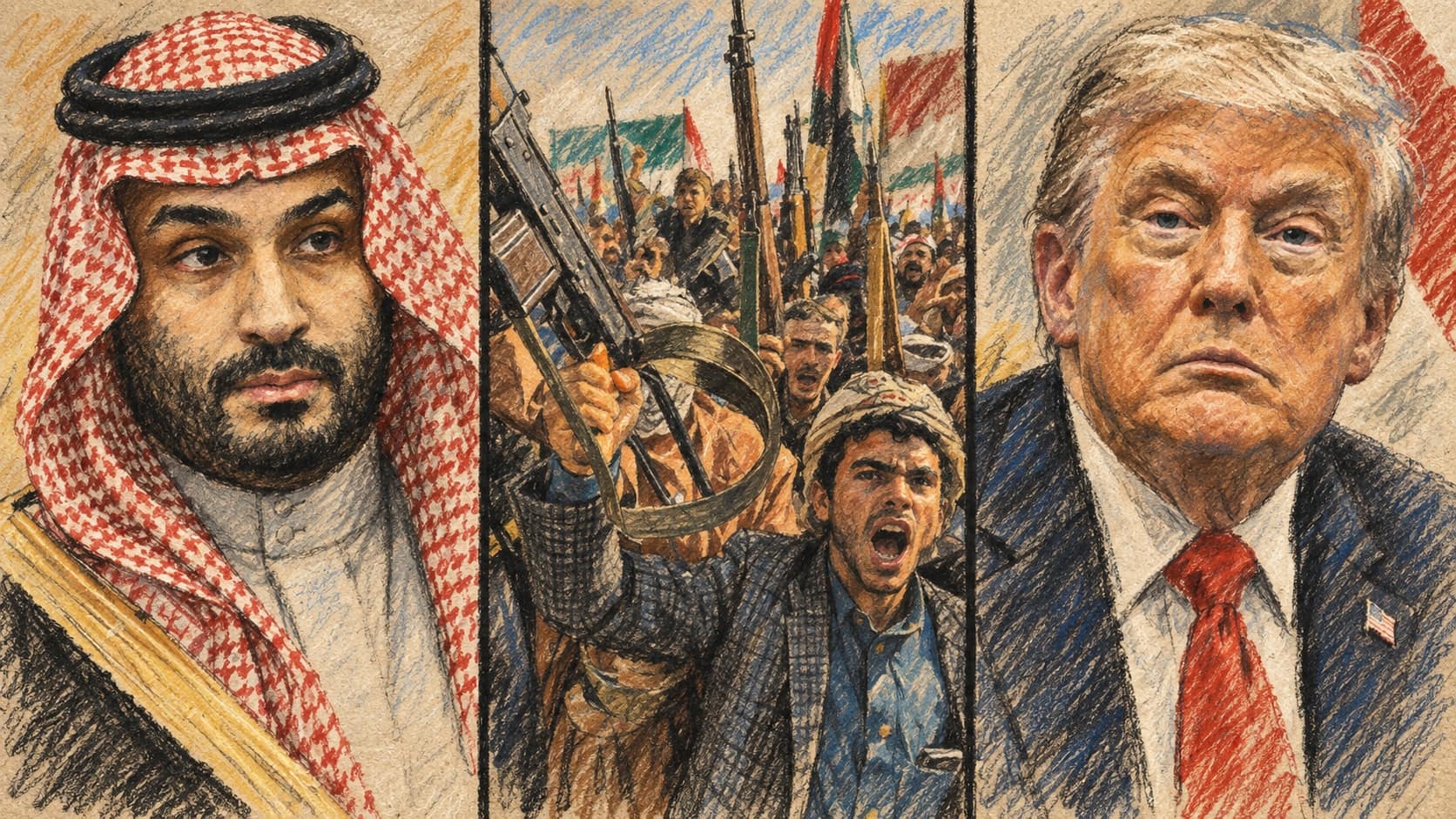 Courtroom-sketch editorial illustration of Mohammed bin Salman, armed Houthi demonstrators, and Donald Trump in a three-panel composition.