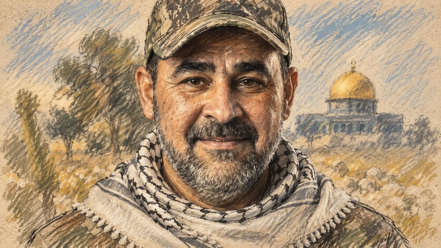 Courtroom-sketch editorial illustration of Nael Abu Obeid in a camouflage cap and jacket with a black-and-white scarf, with trees and a distant gold-domed building behind him.
