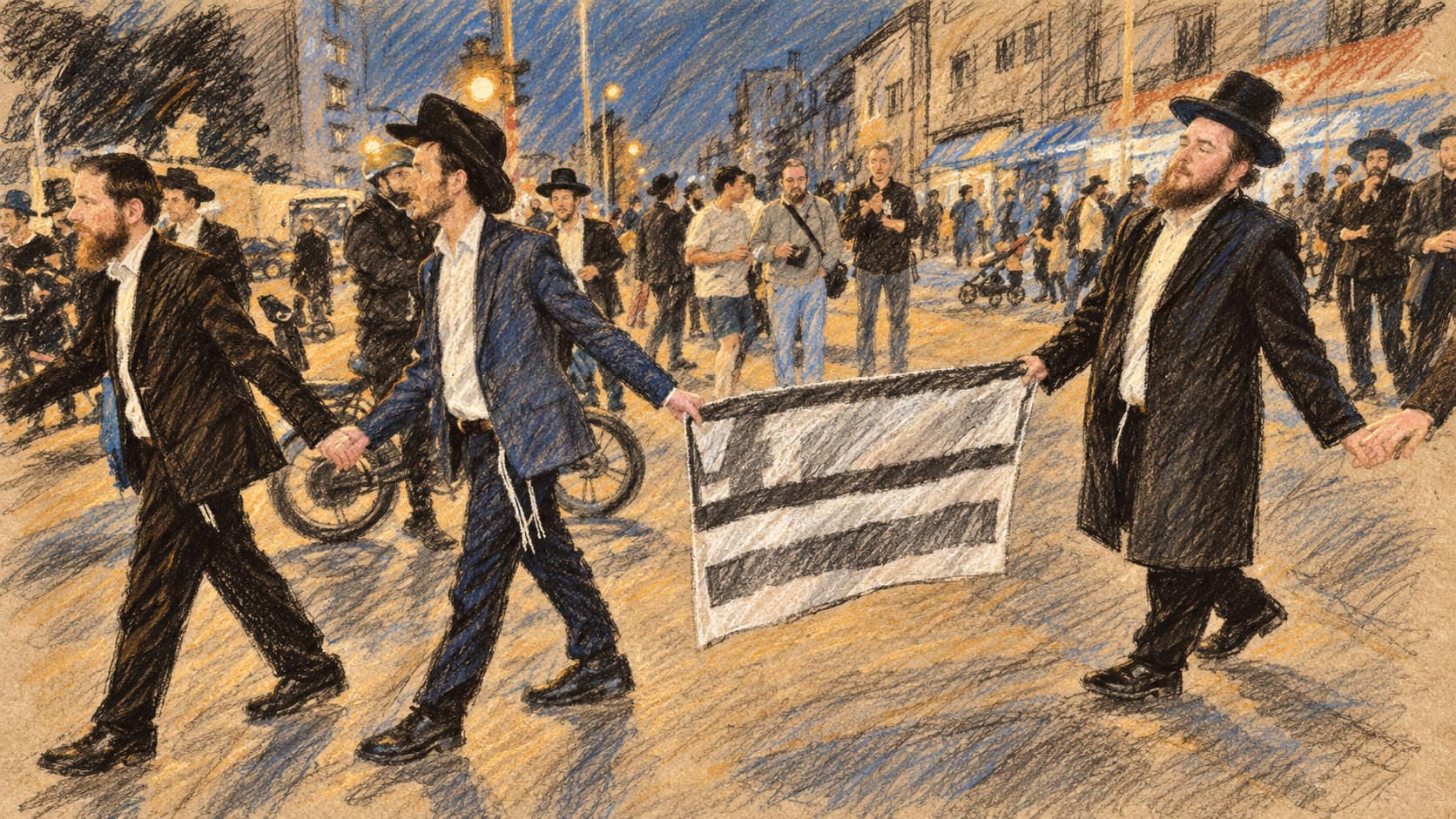 Courtroom-sketch editorial illustration of three Haredi men walking across a city street while two hold a protest placard between them.