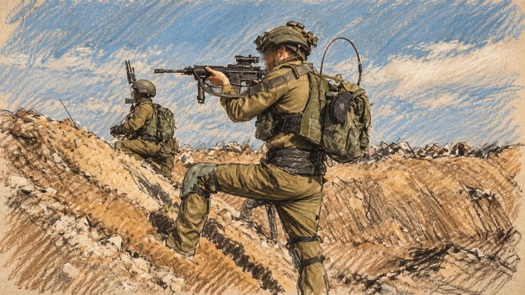 Courtroom-sketch editorial illustration of two Israeli soldiers positioned on a rocky earthen embankment, with the foreground soldier aiming a rifle toward the left.