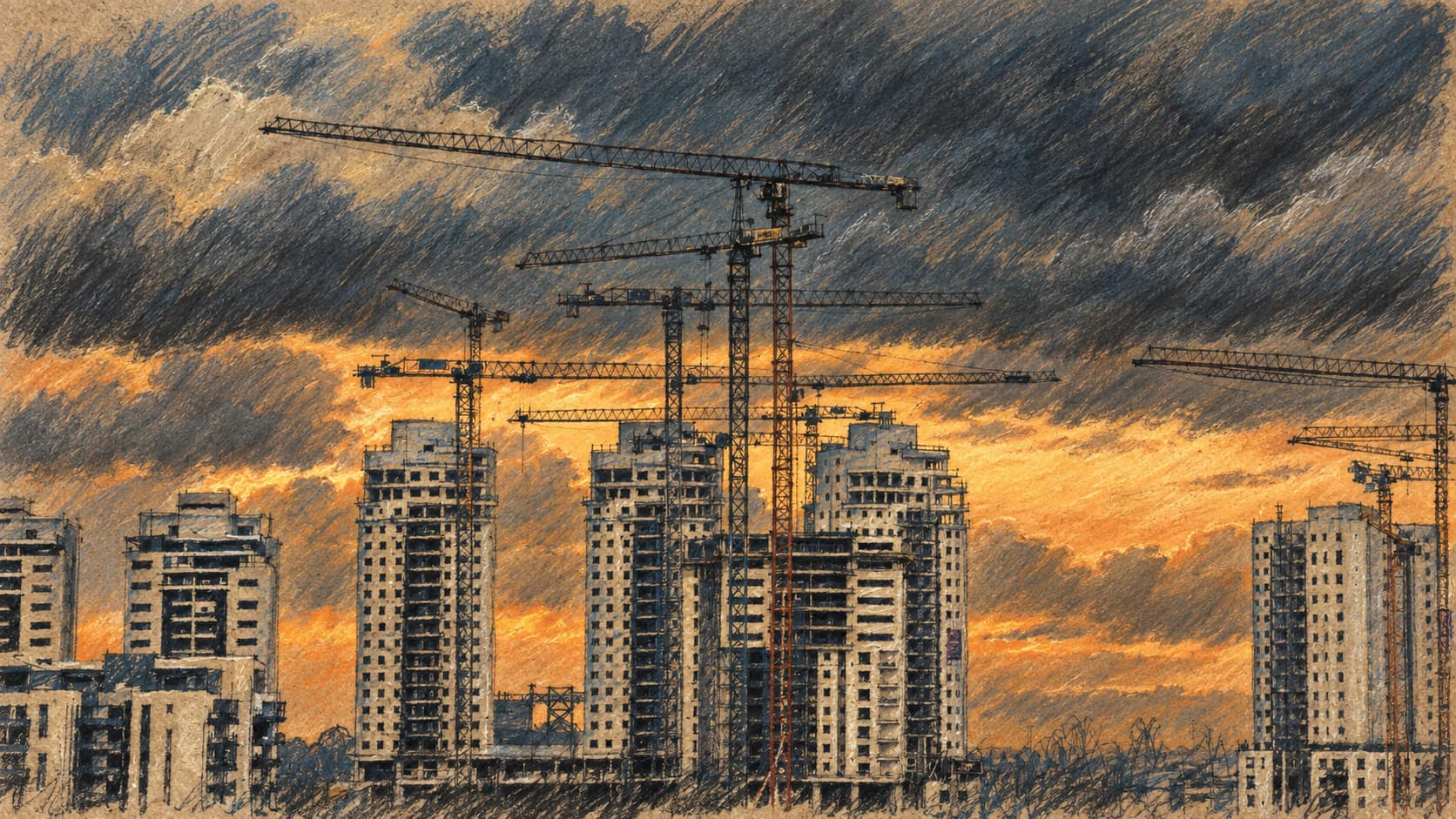 Courtroom-sketch editorial illustration of high-rise apartment towers under construction beneath numerous tower cranes and dark storm clouds lit by a warm sunset.