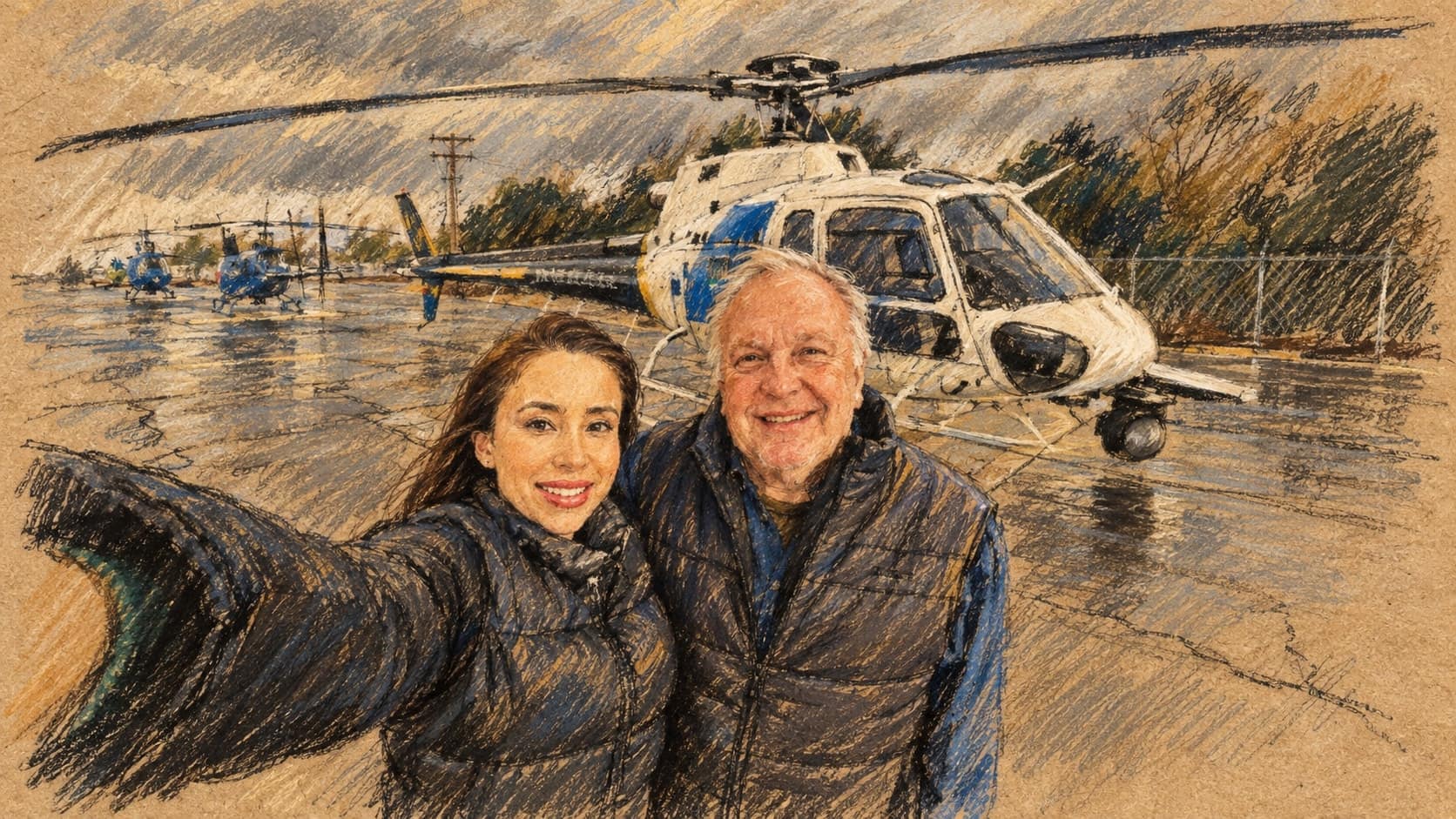 Courtroom-sketch editorial illustration of a woman and a man taking a selfie on a wet tarmac in front of a news helicopter, rendered in warm ochre and slate-blue pastel strokes.