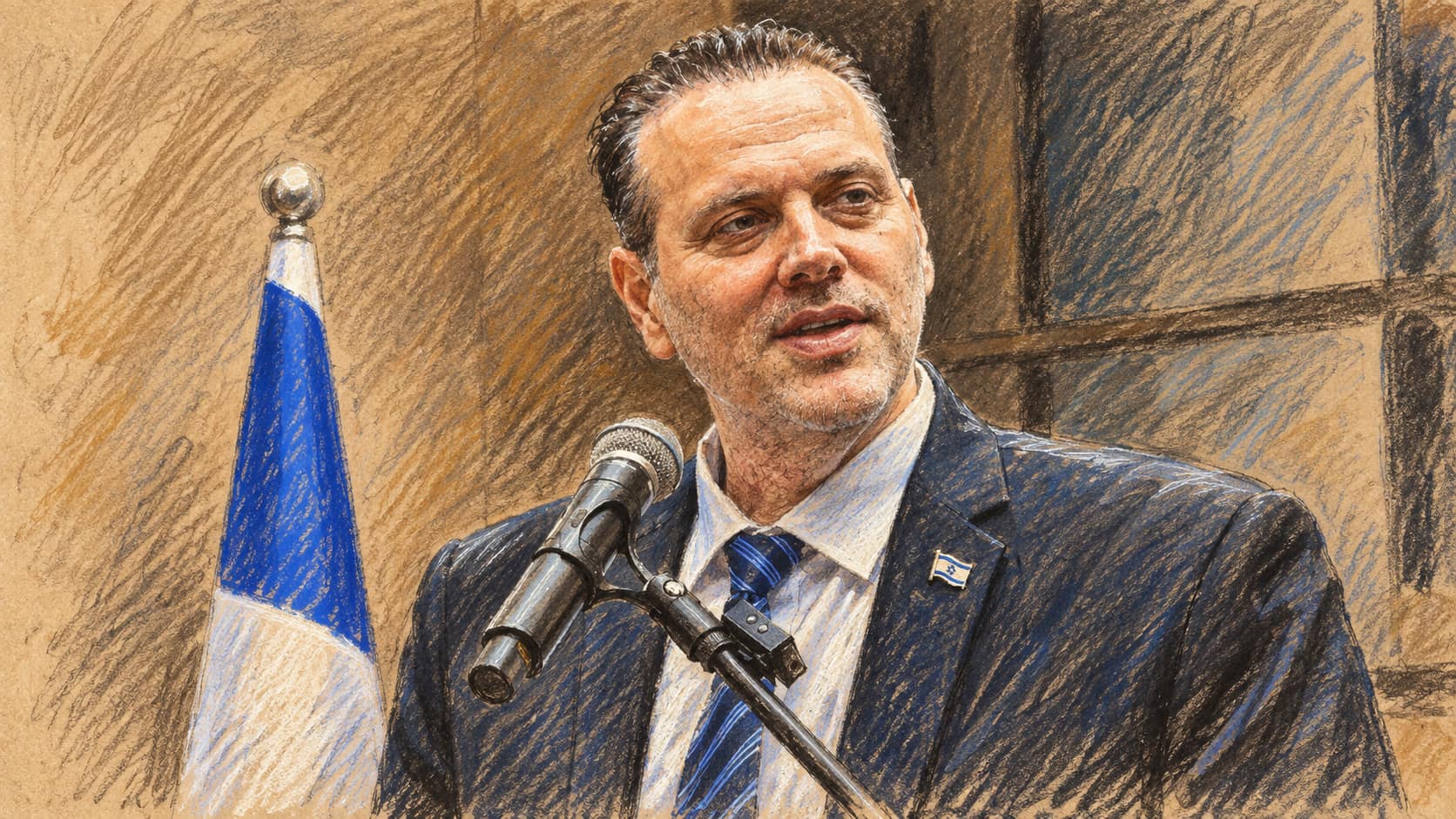 Courtroom-sketch editorial illustration of Miki Zohar speaking into a microphone with an Israeli flag behind him.