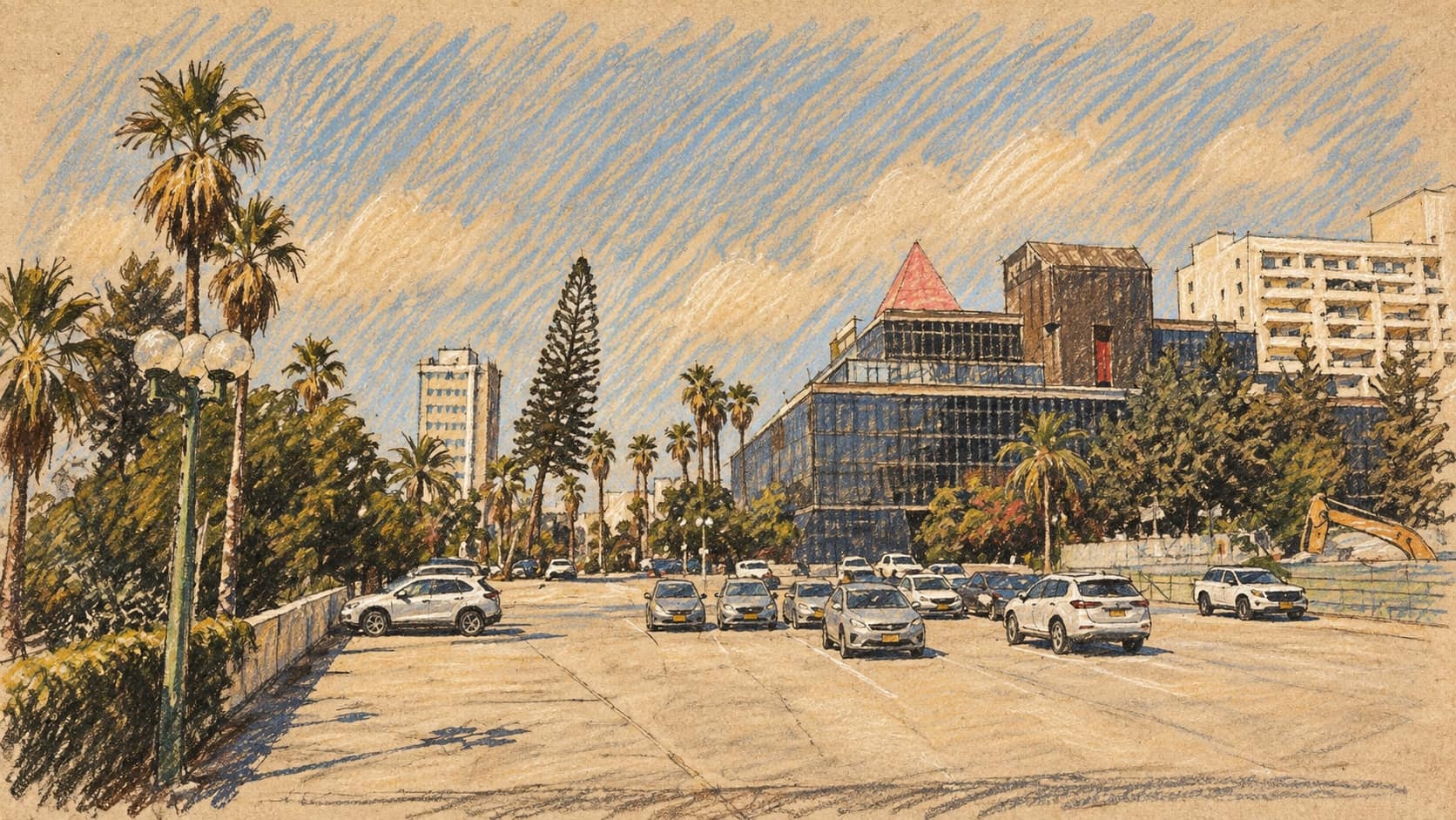 Courtroom-sketch editorial illustration of an urban parking area lined with palm trees and mid-rise office buildings.