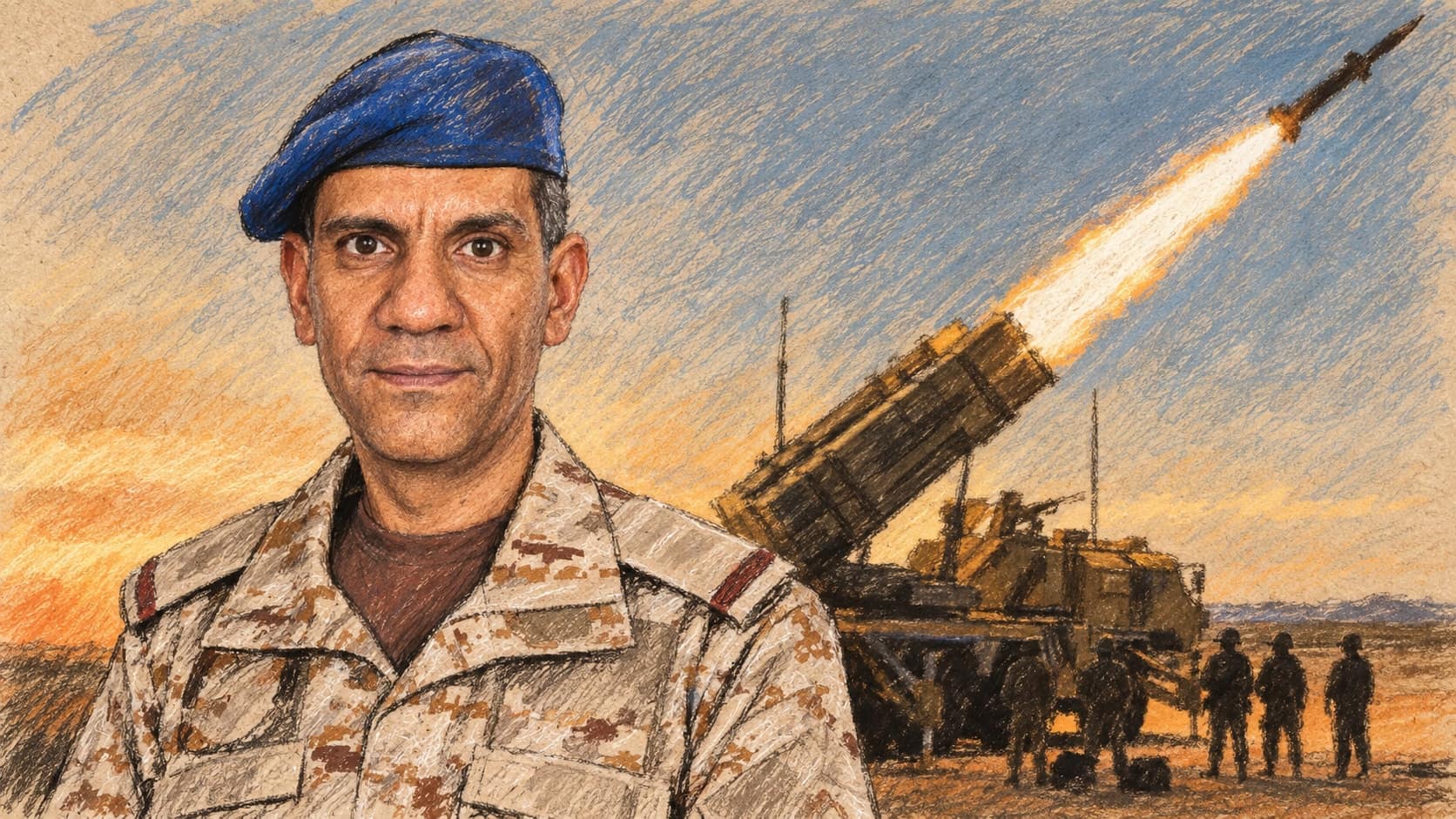 Courtroom-sketch editorial illustration of a Saudi coalition military spokesman in desert camouflage and a blue beret with an air-defense missile launching behind him, rendered in warm ochre and slate-blue pastel strokes.
