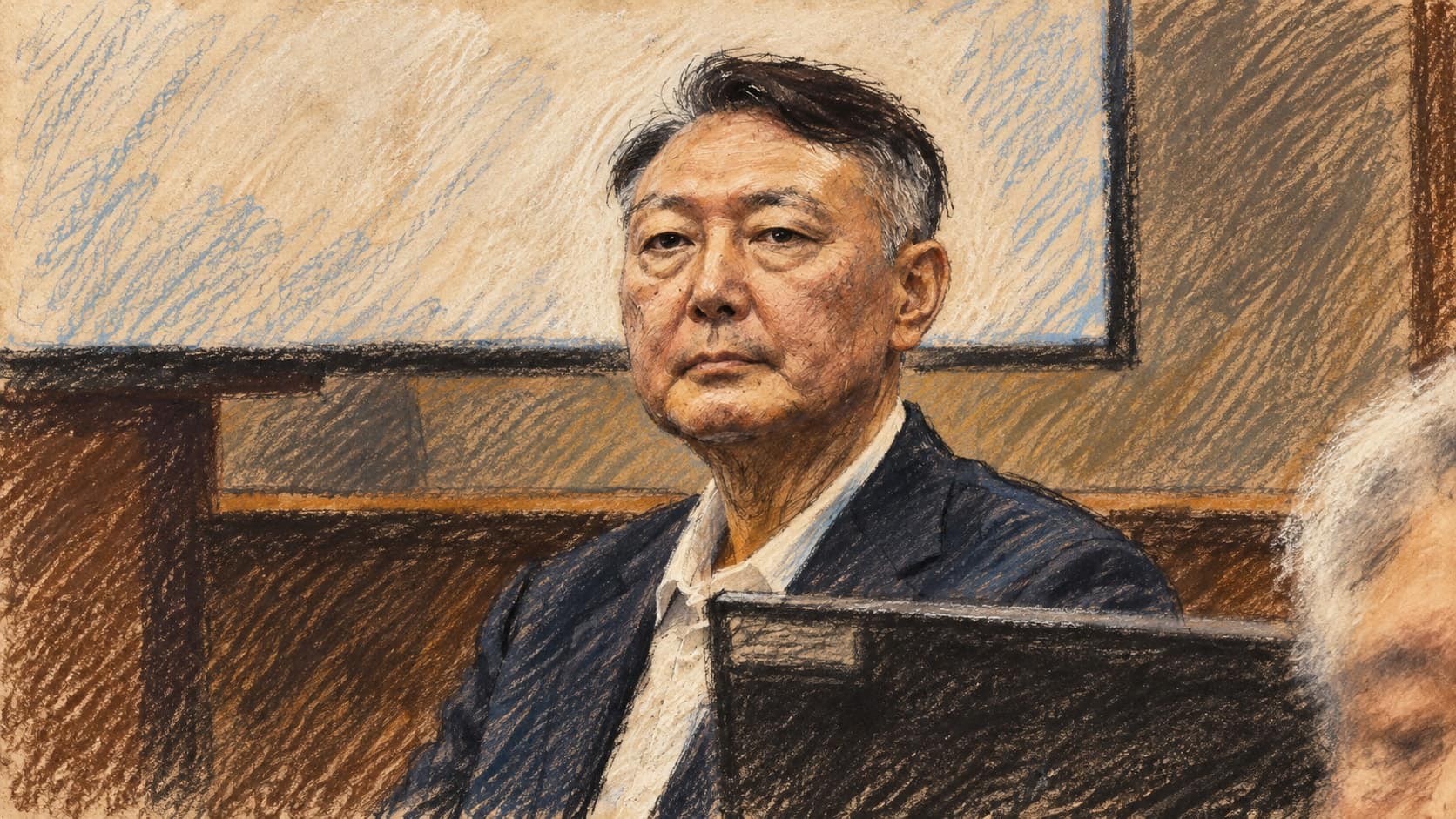 Courtroom-sketch editorial illustration of former South Korean president Yoon Suk Yeol seated behind a monitor in a courtroom, rendered in warm ochre and slate-blue pastel strokes.