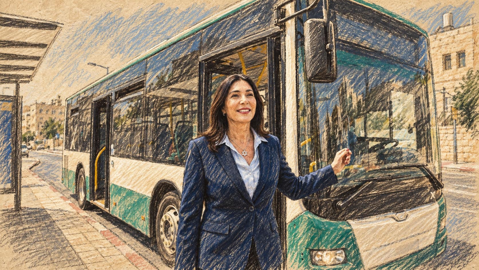 Courtroom-sketch editorial illustration of Transportation Minister Miri Regev standing beside the open front door of a Jerusalem city bus at a curbside transit stop.