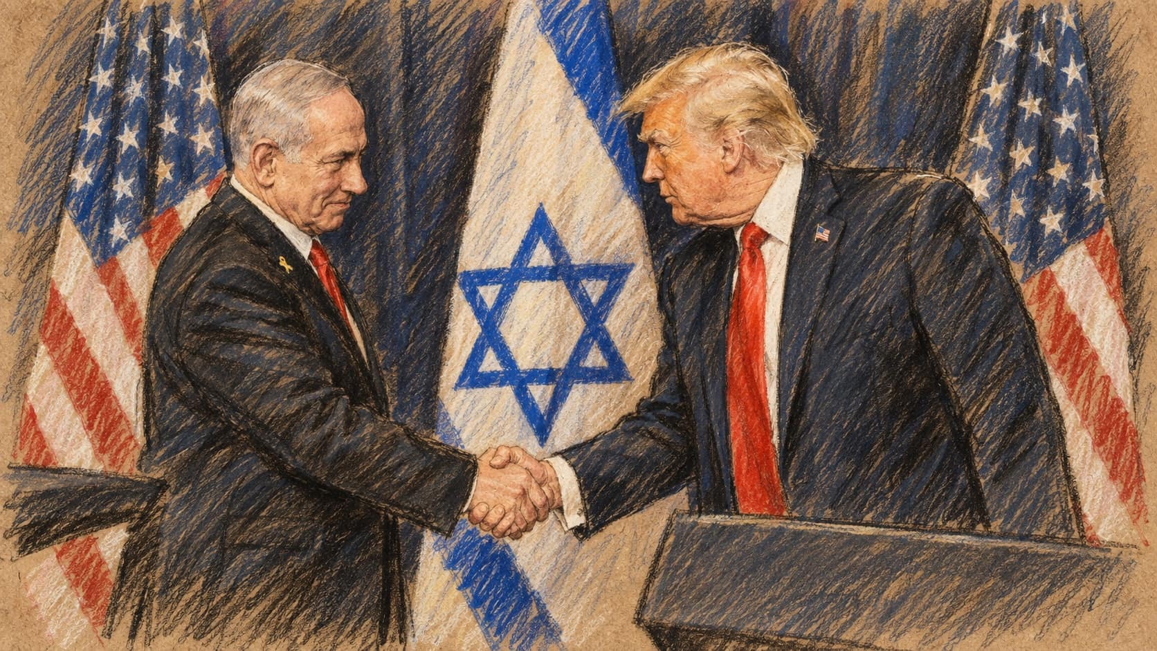 Courtroom-sketch editorial illustration of Benjamin Netanyahu and Donald Trump shaking hands between Israeli and United States flags, with a podium in the foreground.