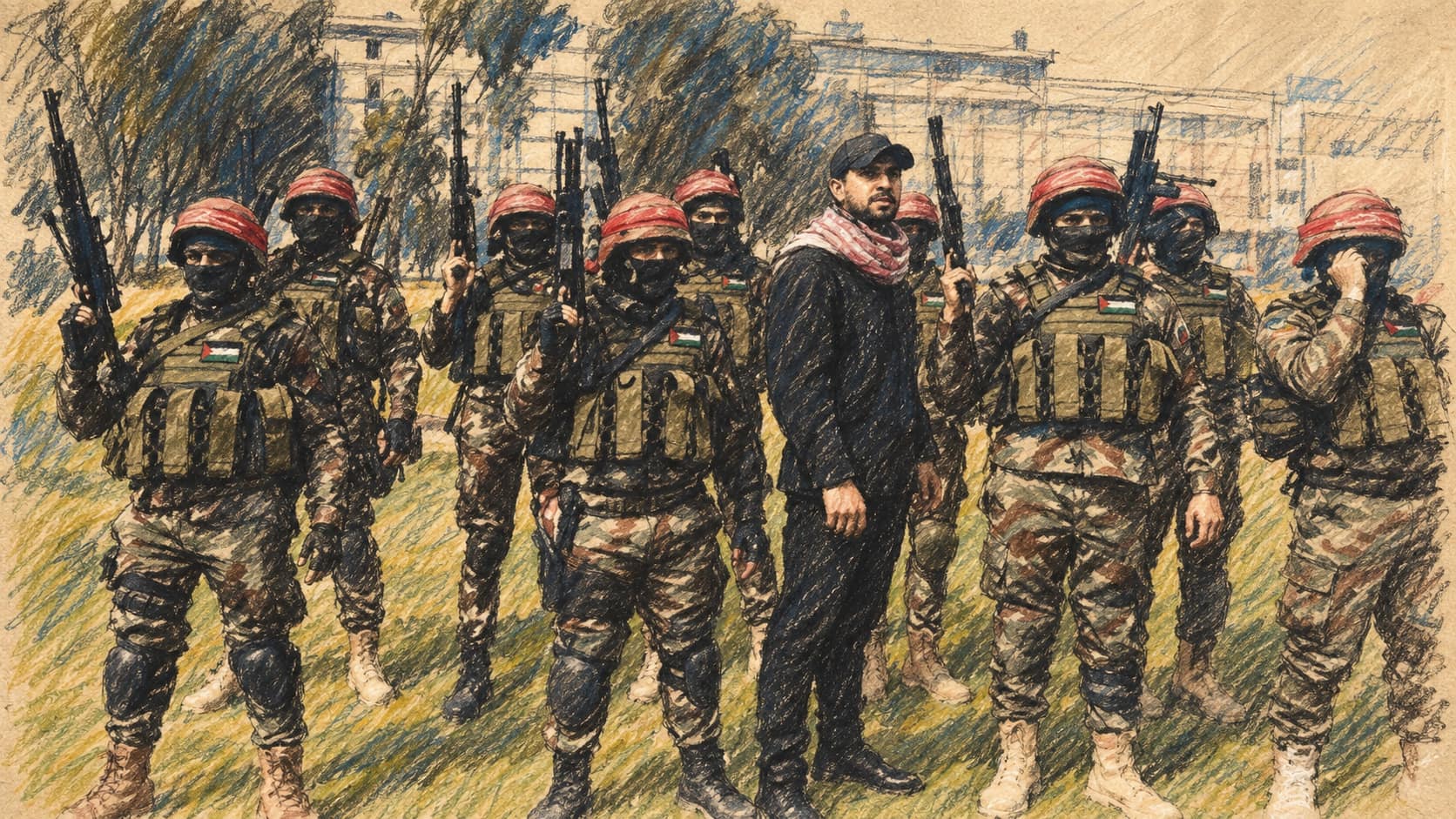 Courtroom-sketch editorial illustration of Mahmoud Amin Ya'qub Al-Muhtadi standing among masked armed trainees in camouflage and red headbands outdoors.