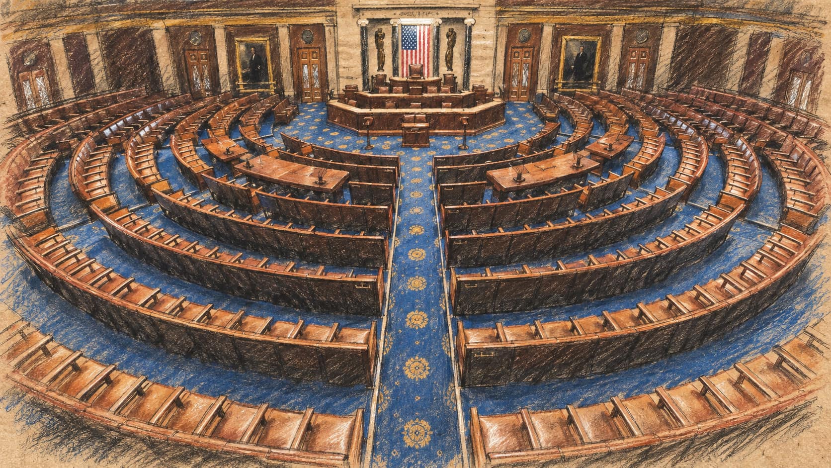 Courtroom-sketch editorial illustration of the empty United States House chamber viewed from the gallery, with curved rows of desks facing the rostrum.