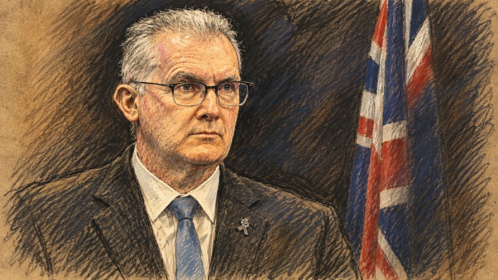 Courtroom-sketch editorial illustration of Australian immigration minister Tony Burke in a dark suit and blue tie beside an Australian flag, rendered in warm ochre and slate-blue pastel strokes.
