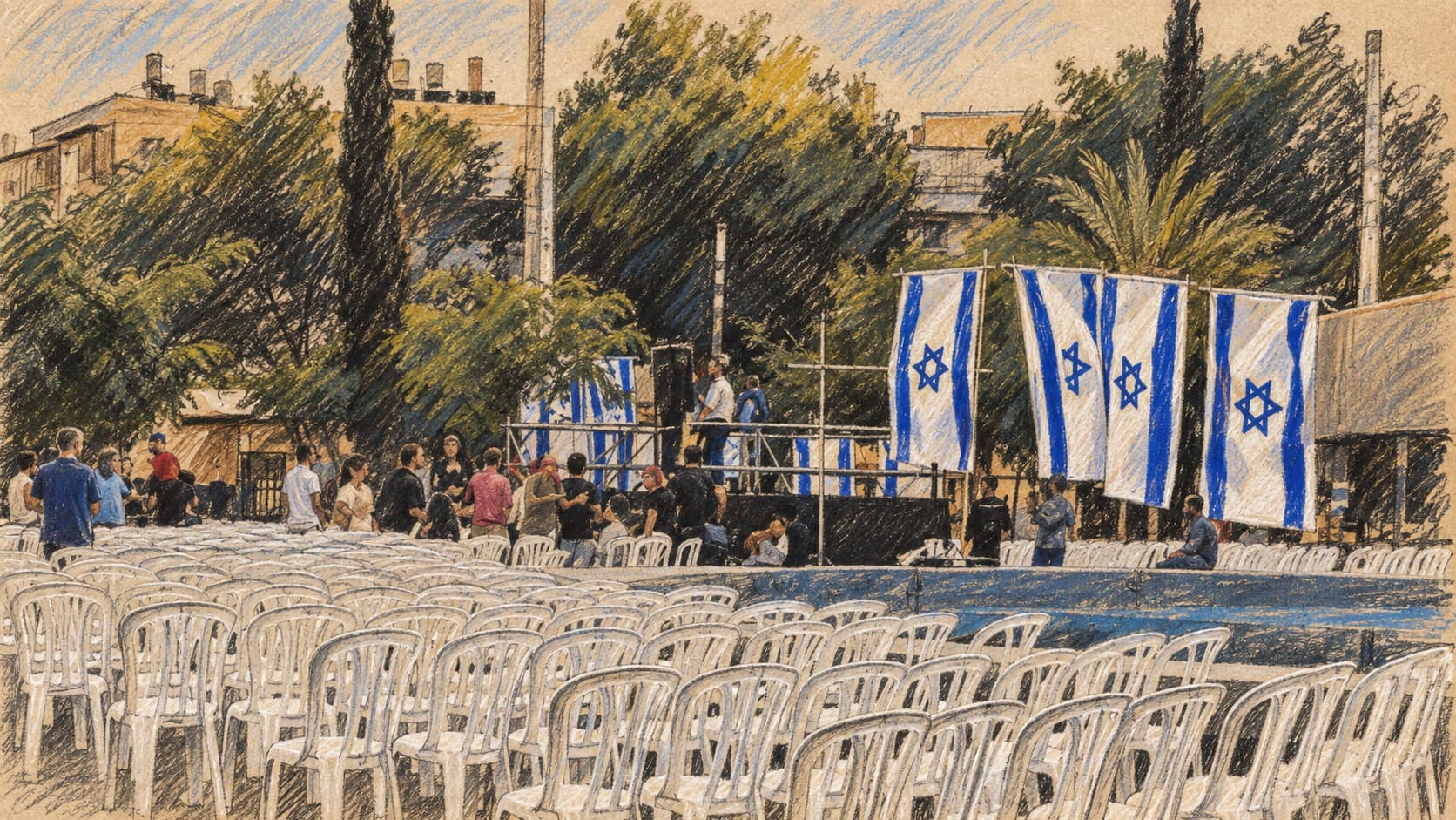 Courtroom-sketch editorial illustration of rows of white chairs facing an outdoor community stage decorated with Israeli flags among trees and neighborhood buildings.