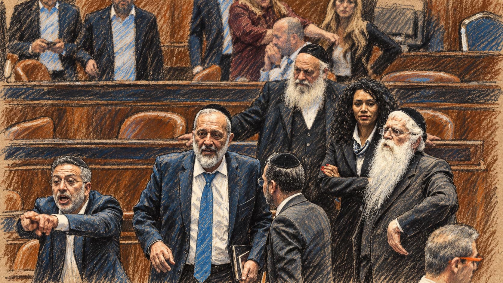 Courtroom-sketch editorial illustration of several Haredi lawmakers speaking among the seats of the Knesset chamber as one points across the floor.