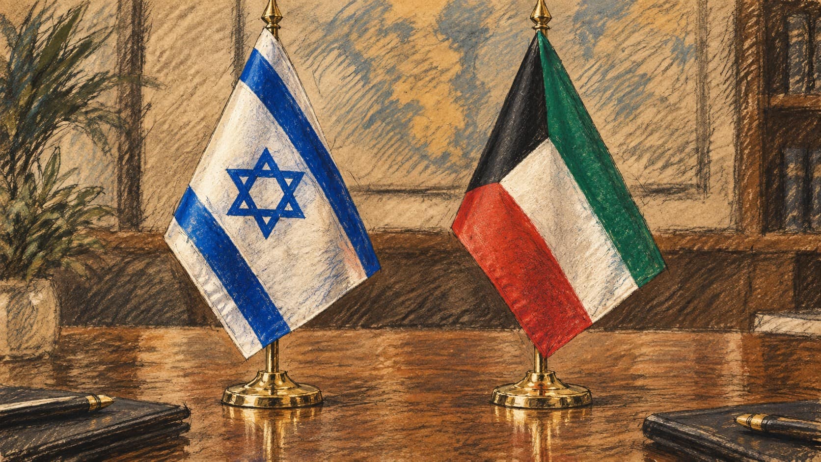 Courtroom-sketch editorial illustration of Israeli and Kuwaiti desk flags on brass stands on a wooden table, with a wall map behind them; an illustrative still life, not an actual diplomatic meeting.
