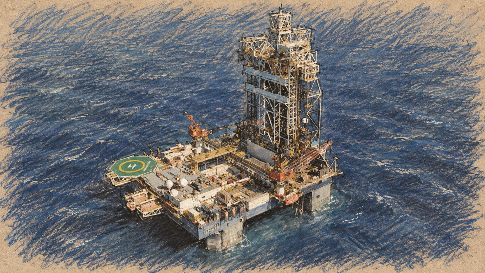 Courtroom-sketch editorial illustration of an offshore natural-gas drilling platform surrounded by deep blue sea, viewed from above.