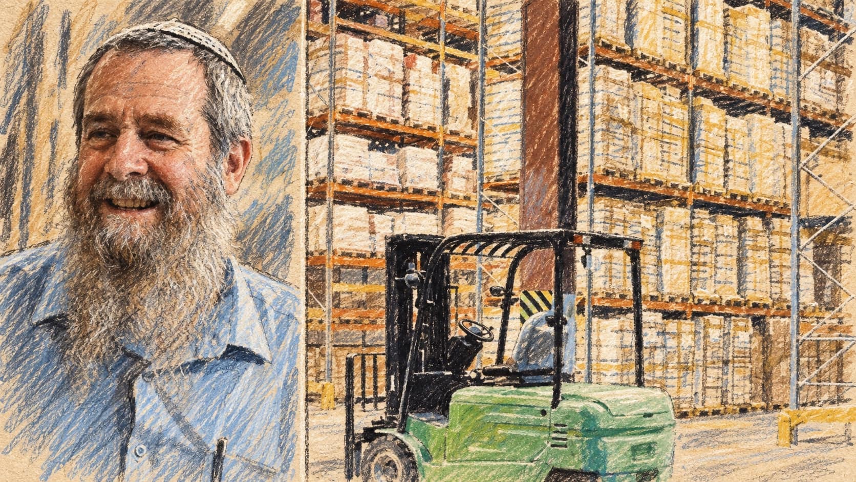 Courtroom-sketch editorial illustration of Avi Maoz beside a green forklift and stacked cargo pallets inside an airport warehouse.