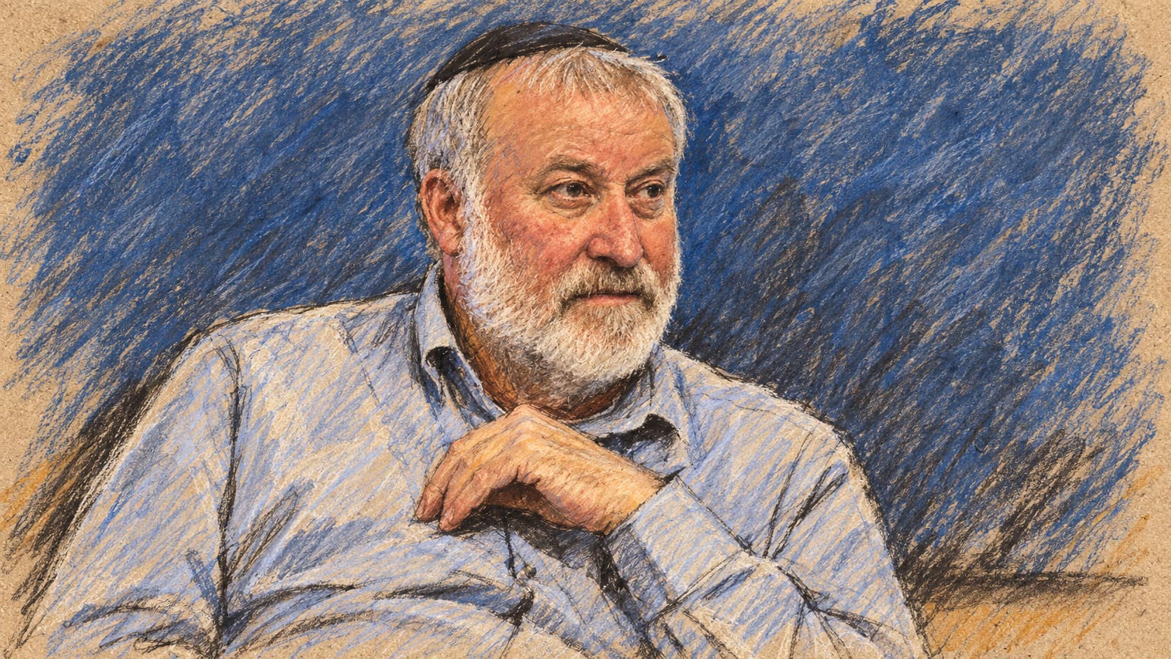 Courtroom-sketch editorial illustration of Avichai Mandelblit seated with one hand raised near his chin before a blue conference backdrop.