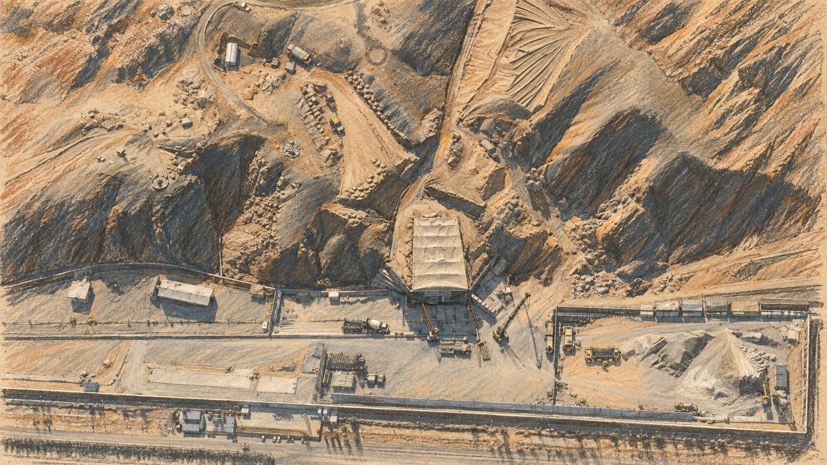 Courtroom-sketch editorial illustration of an overhead view of the Taleghan 2 facility, with a tarp-covered central structure, construction vehicles, earthworks, and a perimeter road.