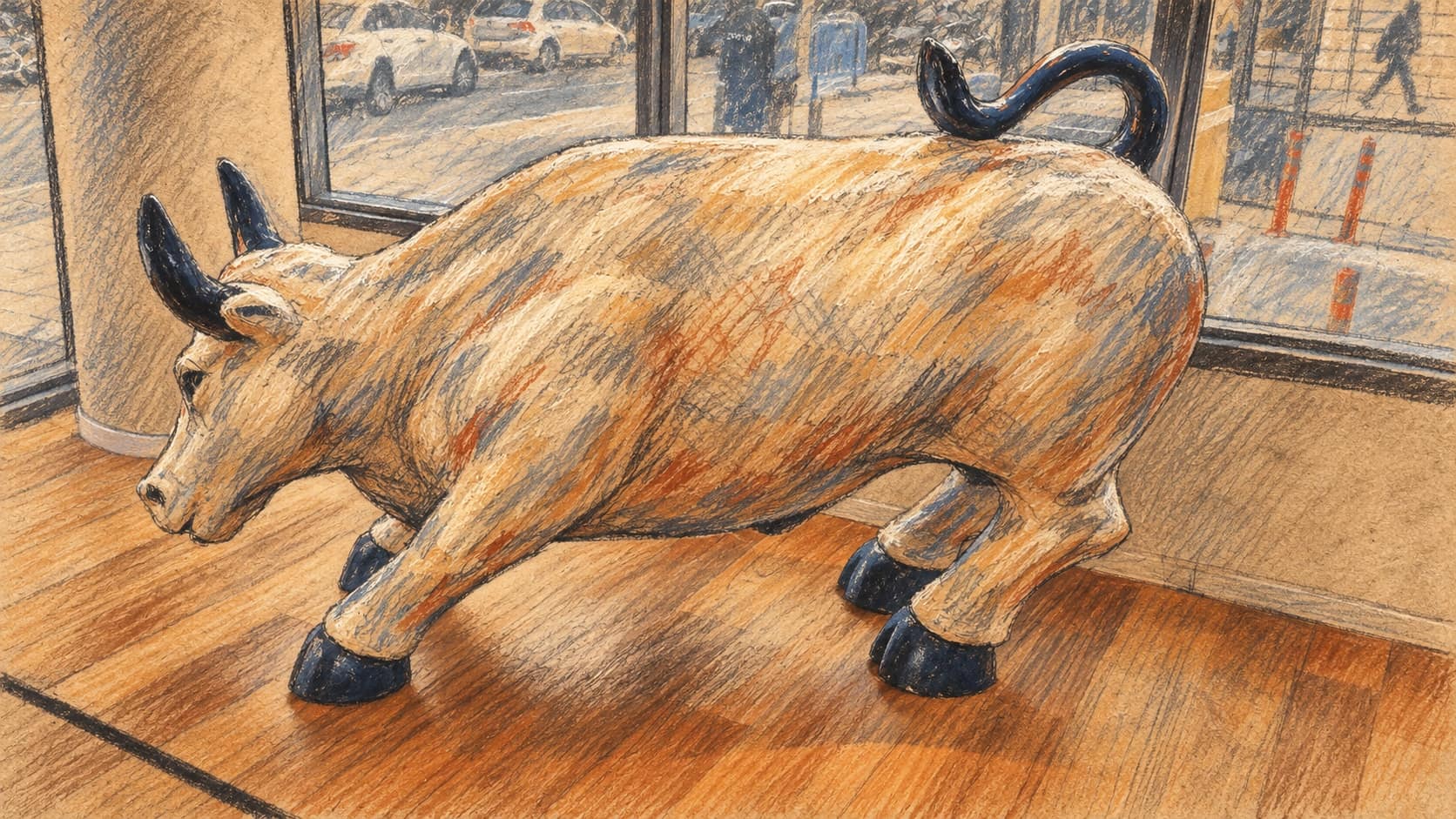 Courtroom-sketch editorial illustration of a bull sculpture inside the Tel Aviv Stock Exchange, standing on a wooden floor before street-facing windows.