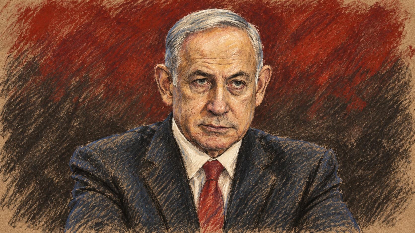 Courtroom-sketch editorial illustration of Benjamin Netanyahu facing forward in a dark suit and red tie with his forearms folded against a textured dark red and charcoal background.