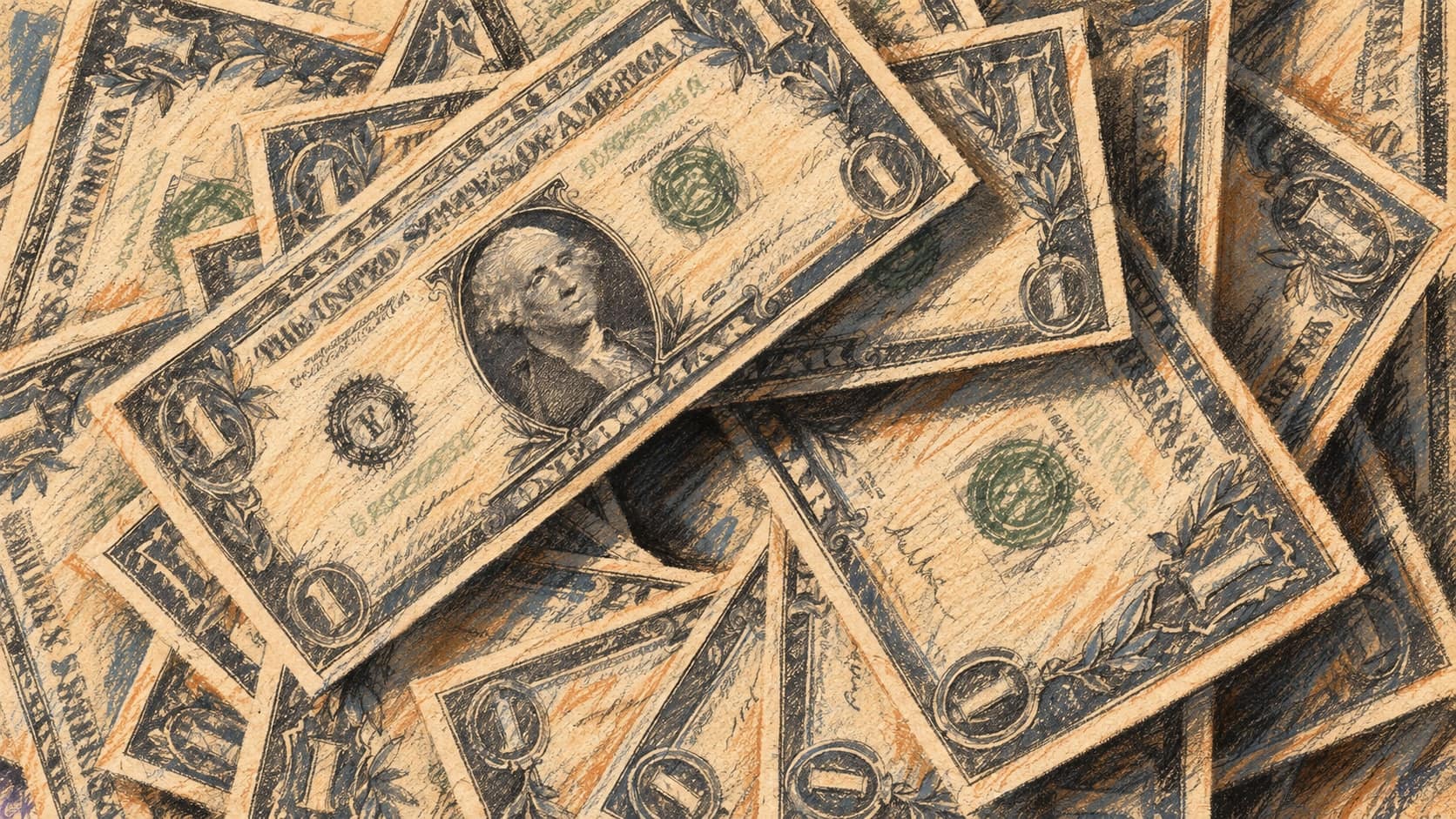 Courtroom-sketch editorial illustration derived from a contextual CC0 photograph of overlapping U.S. dollar banknotes; it represents financial context and does not depict Gauzy, its creditors, a court hearing, or the reported settlement.