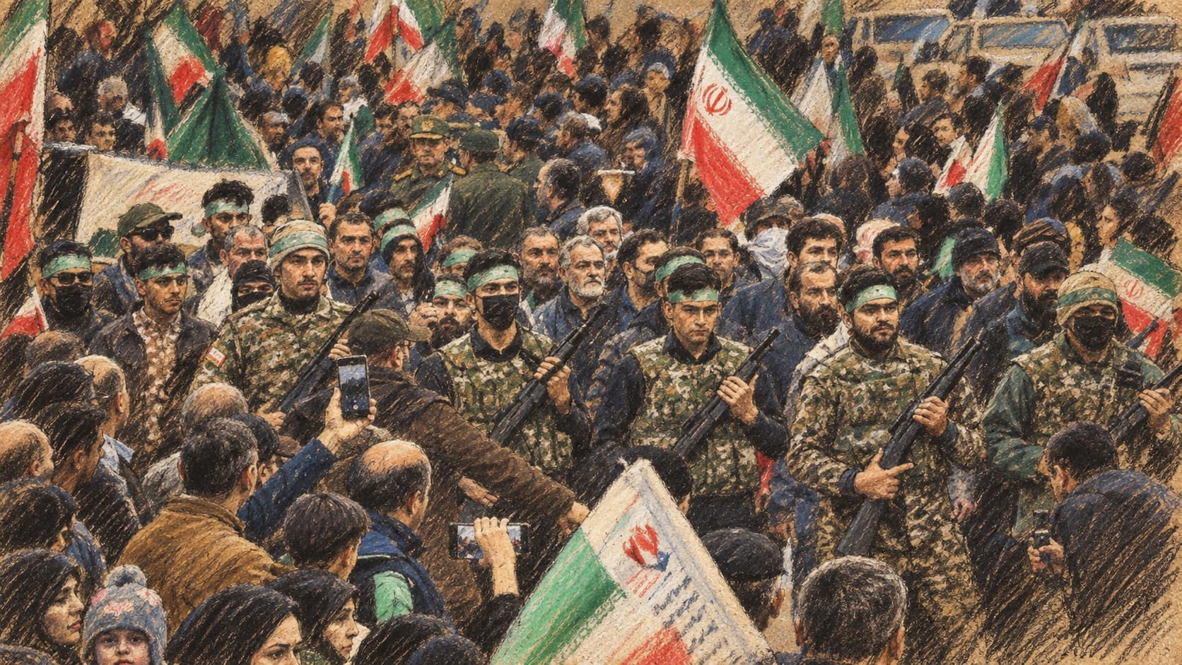 Courtroom-sketch editorial illustration of uniformed men amid a dense Tehran street crowd carrying Iranian flags.