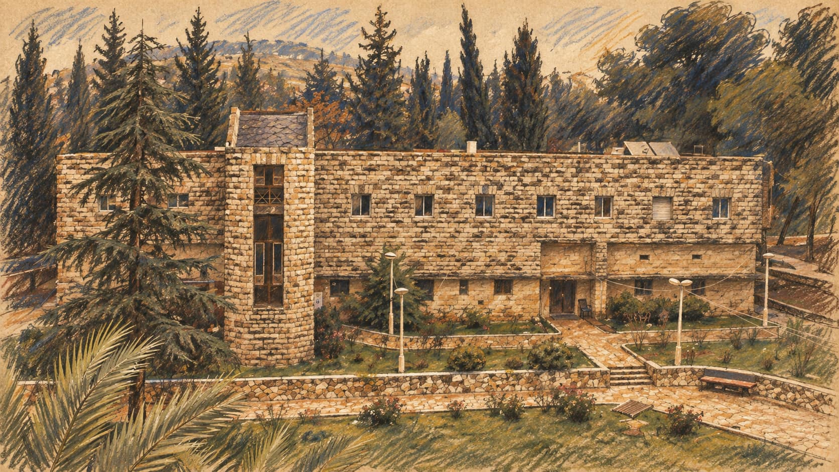 Courtroom-sketch editorial illustration derived from an archival public-domain photograph of the ITRI Yeshiva building and landscaped courtyard in Jerusalem; it provides institutional context and does not depict the reported 2026 fundraising campaign.