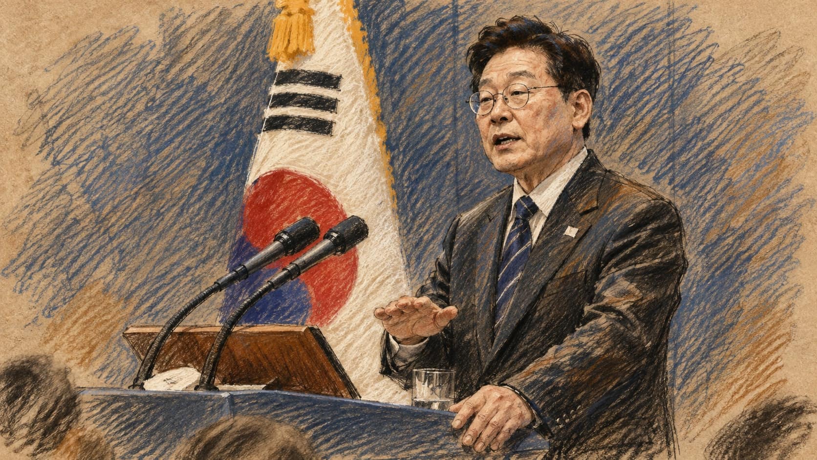 Courtroom-sketch editorial illustration of South Korean President Lee Jae Myung speaking at a lectern and gesturing beside microphones and the South Korean flag, rendered in warm ochre and slate-blue pastel strokes.
